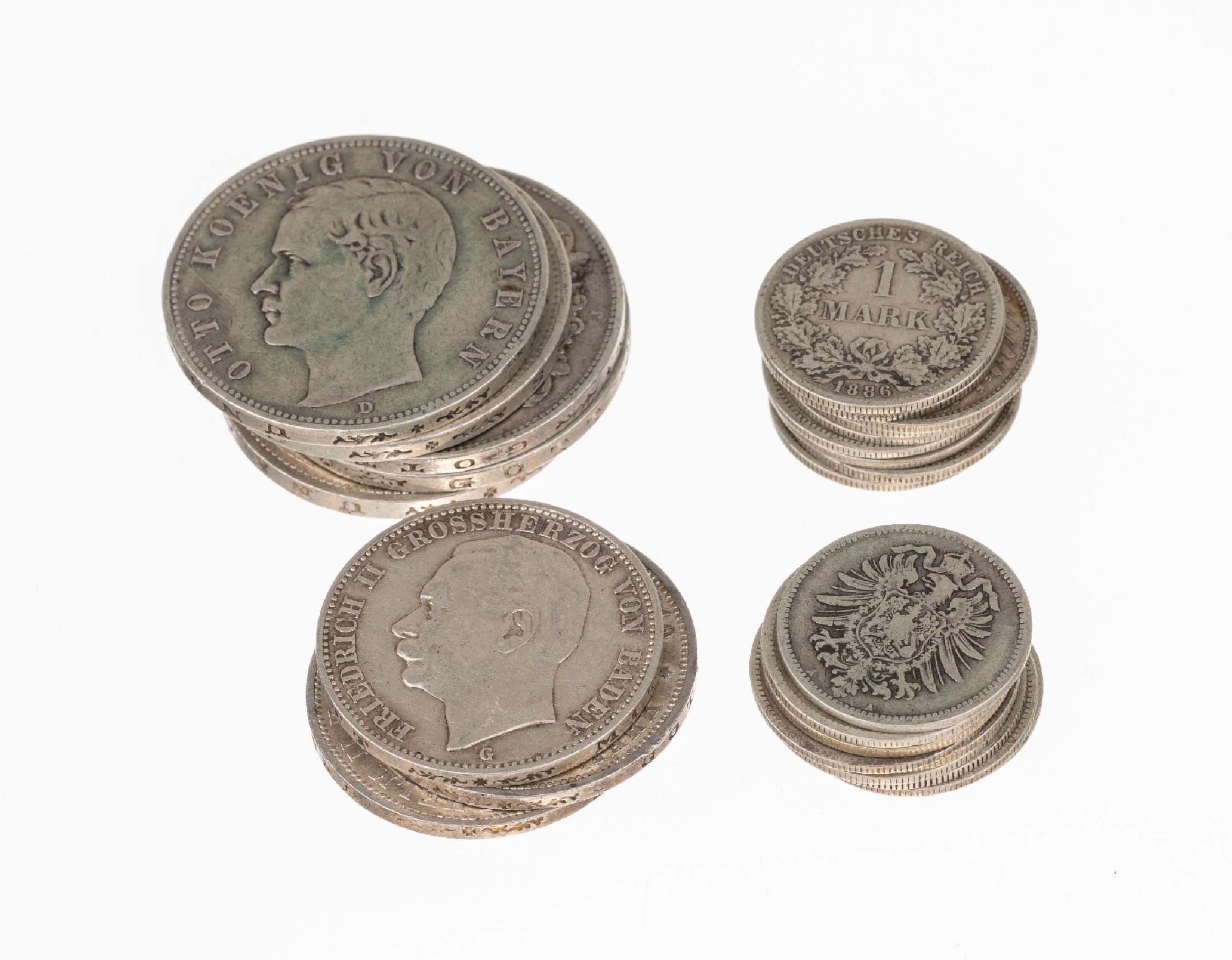 Konvolut 71 Silbermünzen, Deutsches Kaiserreich, 9 x 5 Mark, 3 x Otto von Bayern, 1895, 1900 und 1903, 3 x Wilhelm II von Wuerttemberg, 1902, 1903, ...