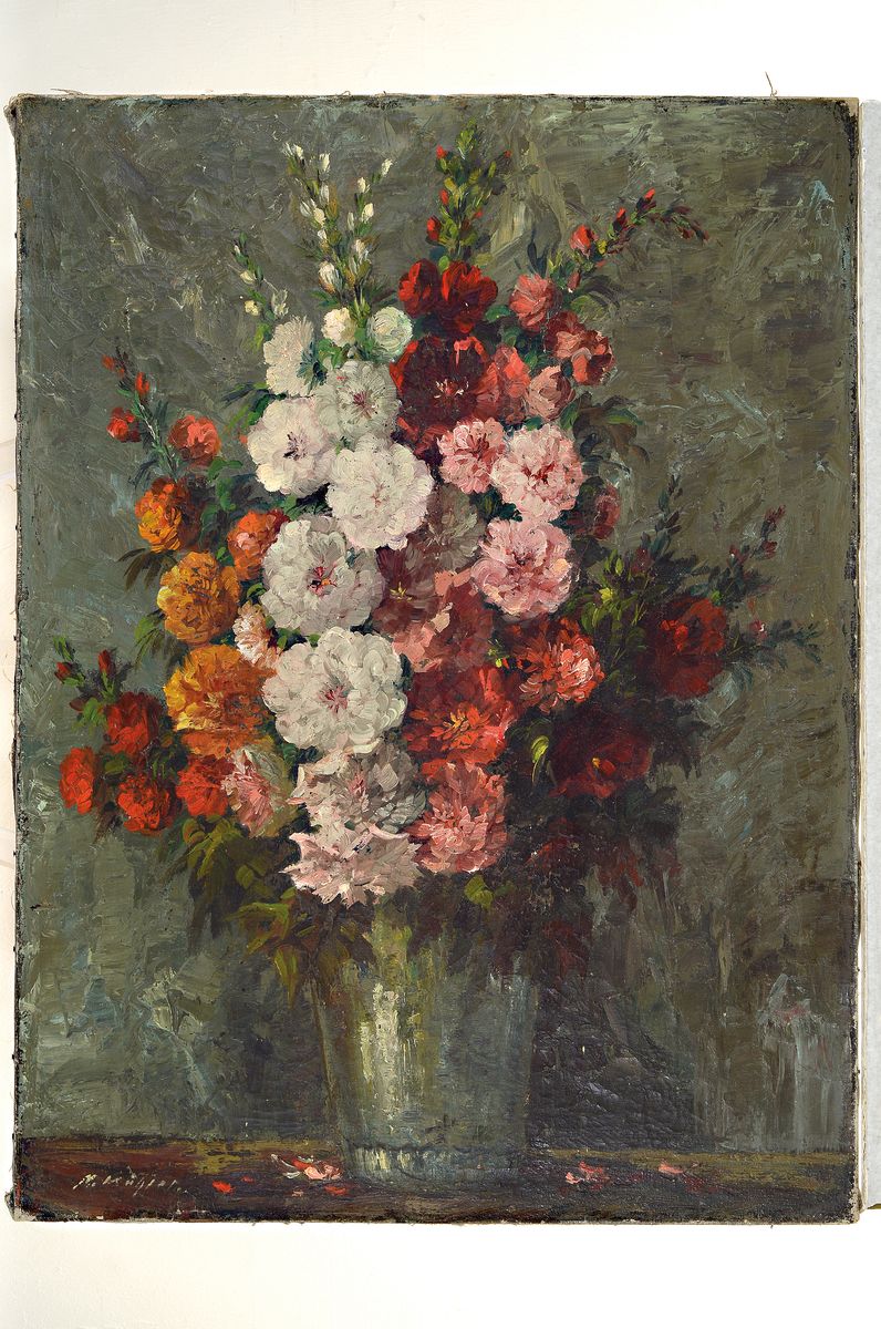 Detail k: M. Kühler, Künstler der Mitte des 20.Jh., Blumenstillleben, pastoser Farbauftrag, links unten signiert, Öl/Lwd, ungerahmt, 80x60 cm, Reinigung ...