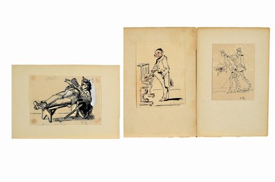 Image 26706470 - Emil Rumpf, 1860 Frankfurt am Main-1948 Kronberg/Taunus, #"carricature and comical memories#", collection of 73 sketches and drawings, mostly figure and character studies,pencil and ink, various formats, some inscribed, monogrammed, browned/age-related .;Kumpf studied at the academies in Düsseldorf and Karlsruhe as well as at the Städel Art Institute FFM, a member of the Kronberg painters' colony