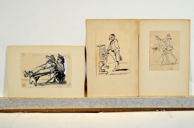 26706470k - Emil Rumpf, 1860 Frankfurt am Main-1948 Kronberg/Taunus, #"carricature and comical memories#", collection of 73 sketches and drawings, mostly figure and character studies,pencil and ink, various formats, some inscribed, monogrammed, browned/age-related .;Kumpf studied at the academies in Düsseldorf and Karlsruhe as well as at the Städel Art Institute FFM, a member of the Kronberg painters' colony