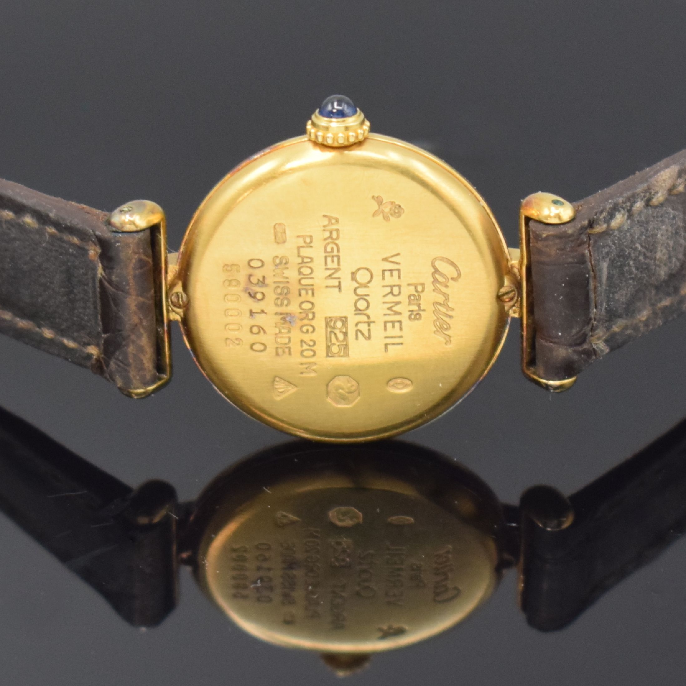 Detail d: CARTIER Damenarmbanduhr Vermeil Referenz 590002, Schweiz um 1990, quarz, 2-teiliges verg. Silbergeh., Boden 2-fach verschr., Schmuckkrone, gold. ...