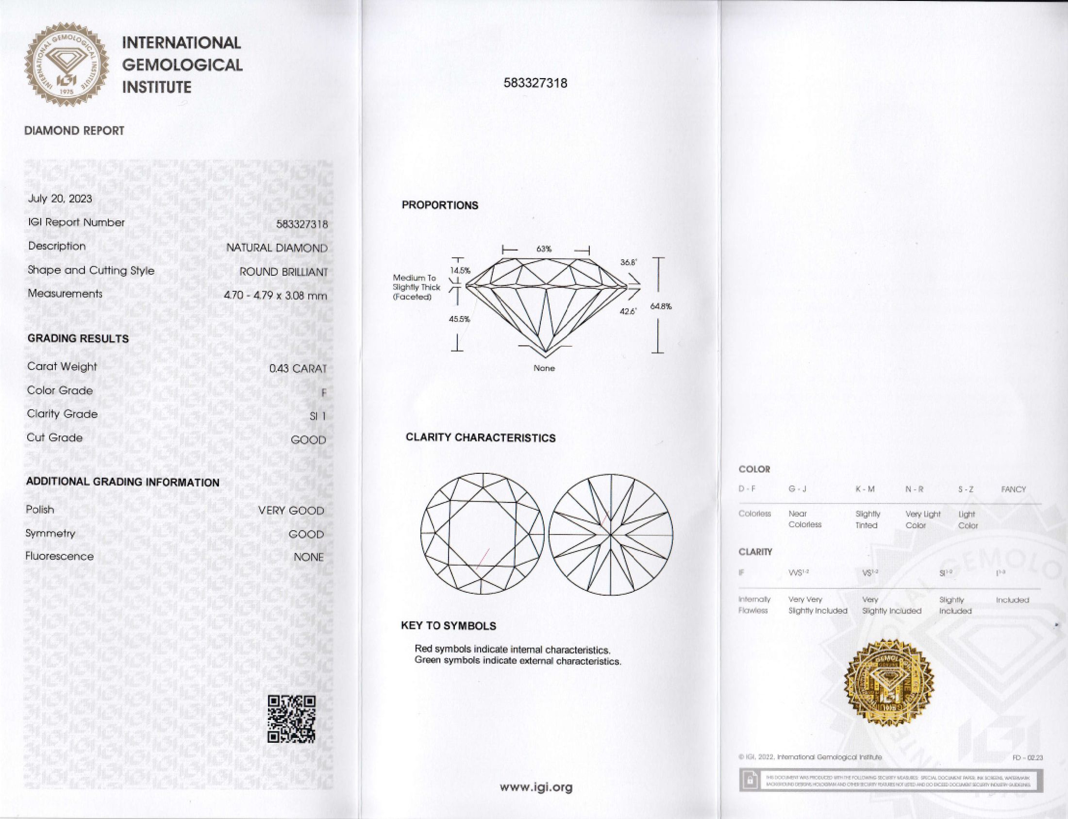 Detail a: Loser Brillant, 0.43 ct feines Weiß+(F)/si1eingeschweißt, mit IGI-Expertise