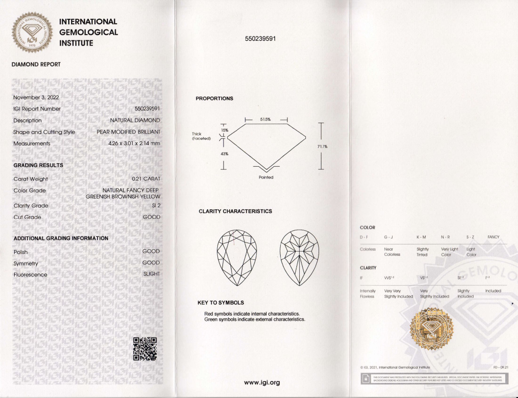 Detail a: Loser Diamant, 0.21 ct natural fancy deep greenish brownish yellow/si2, Tropfen im modifizierten Brillantschliff, eingeschweißt, mit IGI-Expertise