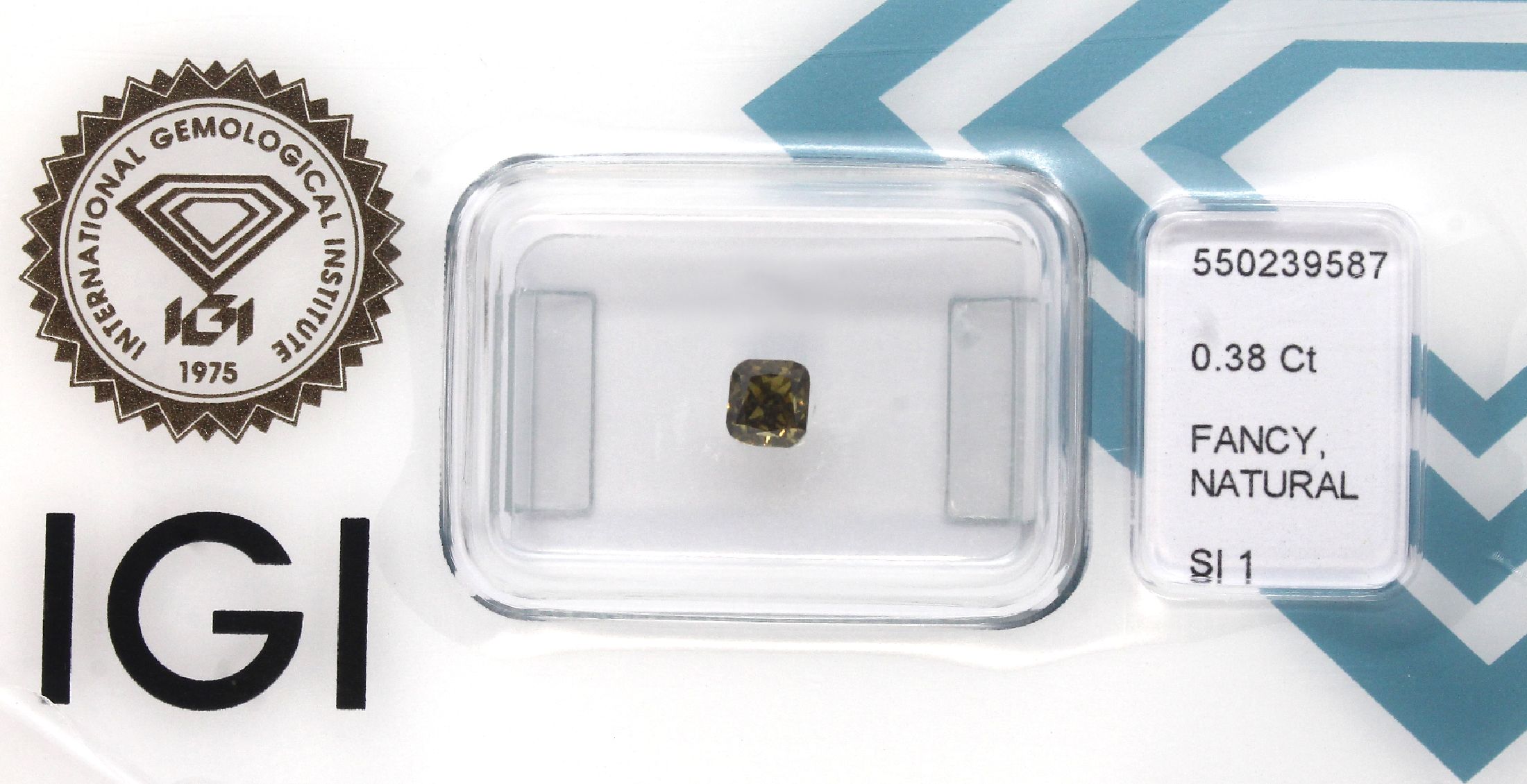 Loser Diamant, 0.38 ct natural fancy deep greenish brownish yellow/si1, Cushion im modifizierten Brillantschliff, eingeschweißt, mit IGI-Expertise
