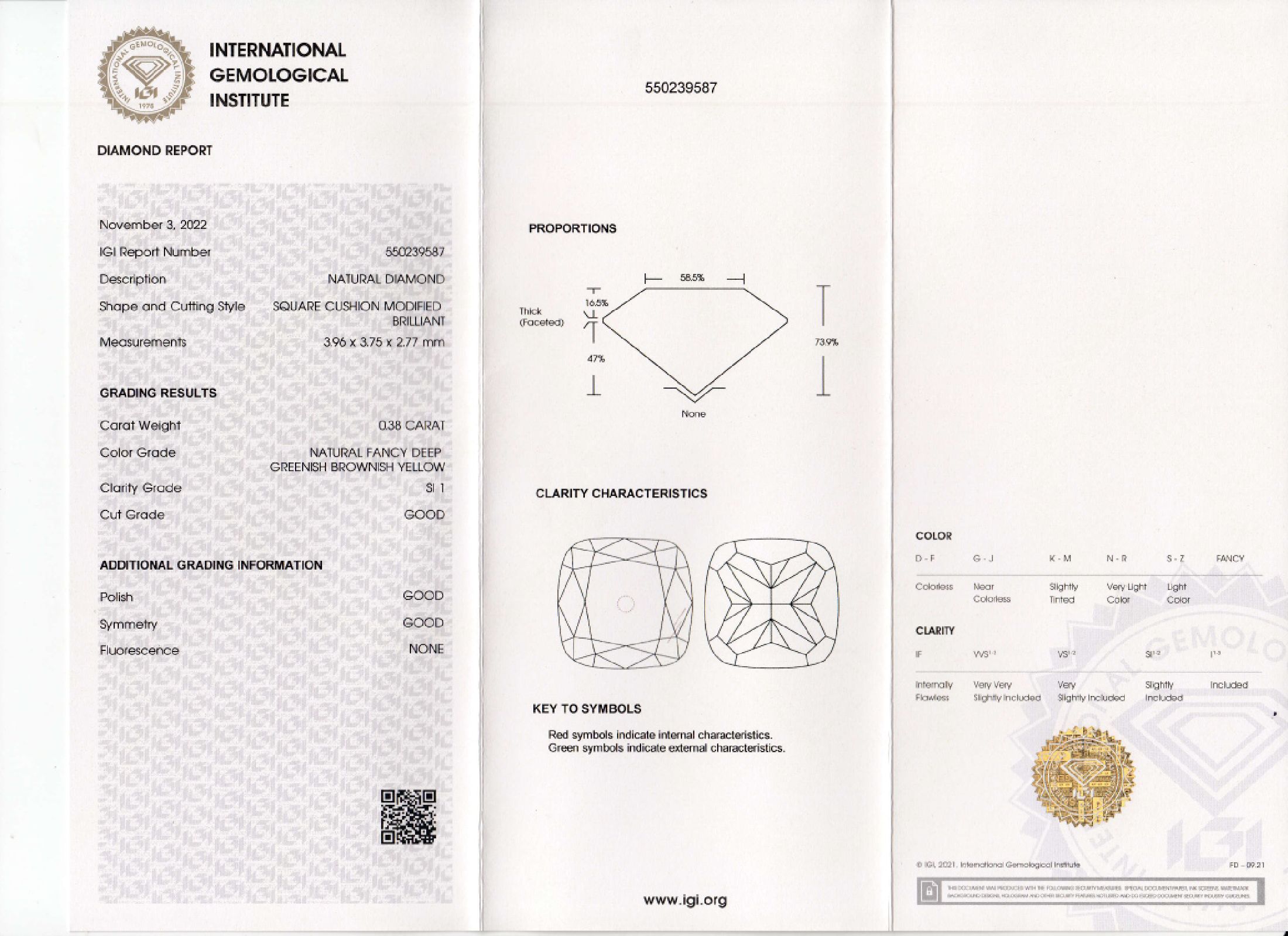 Detail a: Loser Diamant, 0.38 ct natural fancy deep greenish brownish yellow/si1, Cushion im modifizierten Brillantschliff, eingeschweißt, mit IGI-Expertise