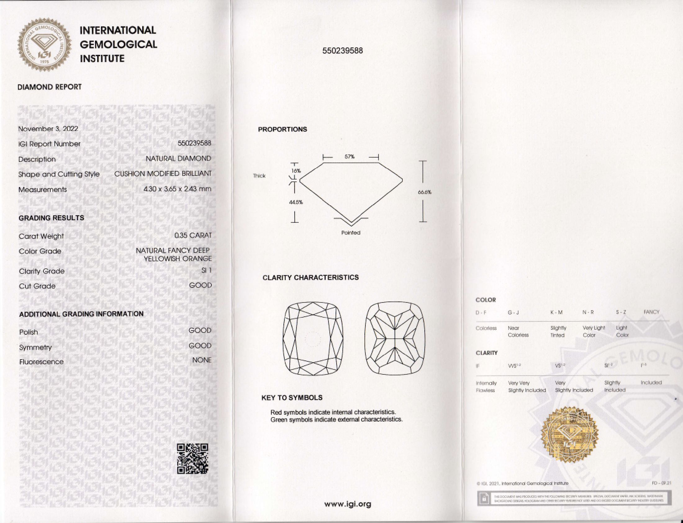 Detail b: Loser Diamant, ca. 0.35 ct natural fancy deep yellowish orange/si1, eingeschweißt, mit IGI-Expertise