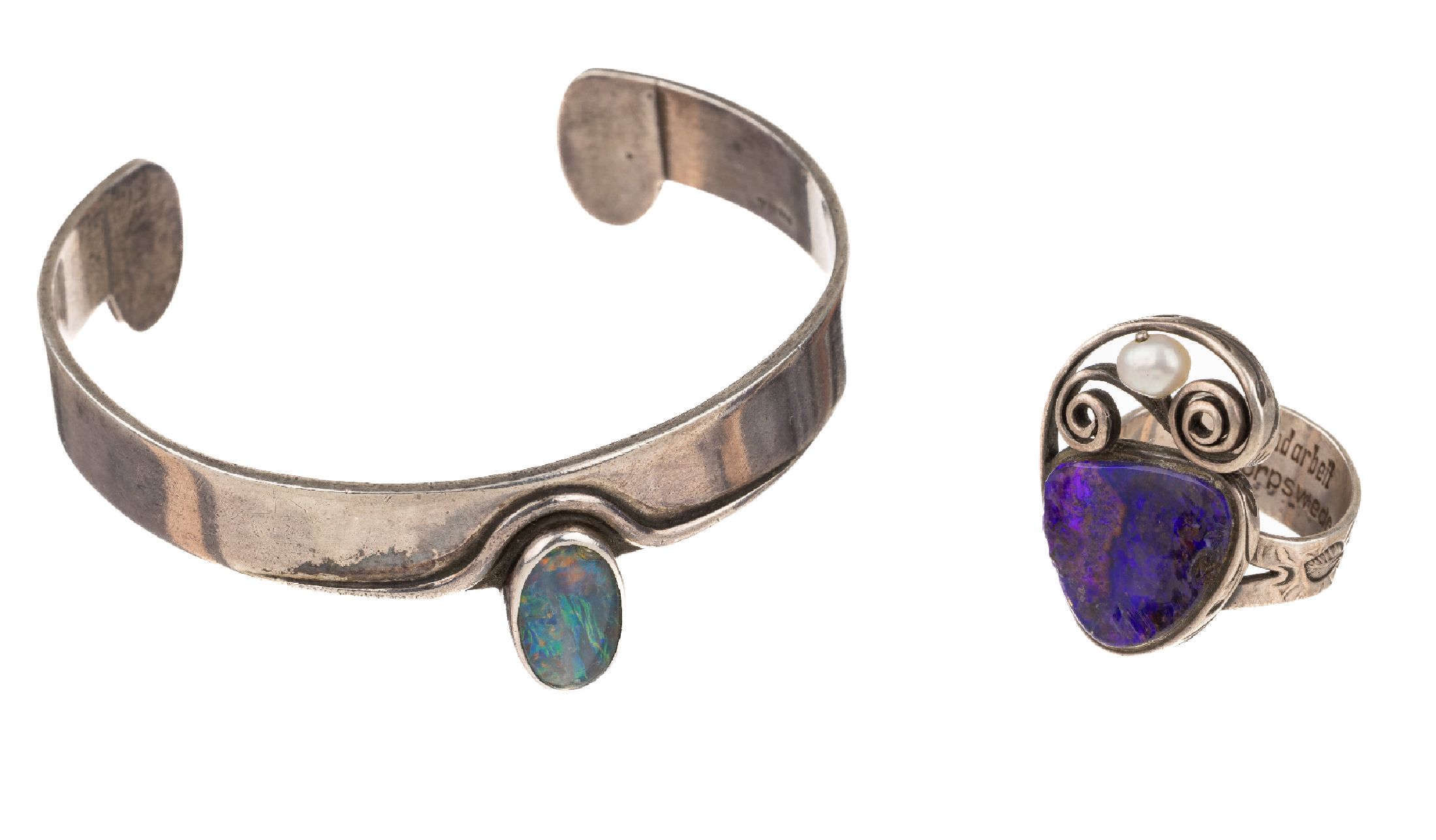 Konvolut Opal-Schmuck, Silber, best. aus: 1Ring, Hersteller Heinrich von Kleist, bekannter Silberschmied und Künstler aus Worpswede, geschwungene ...