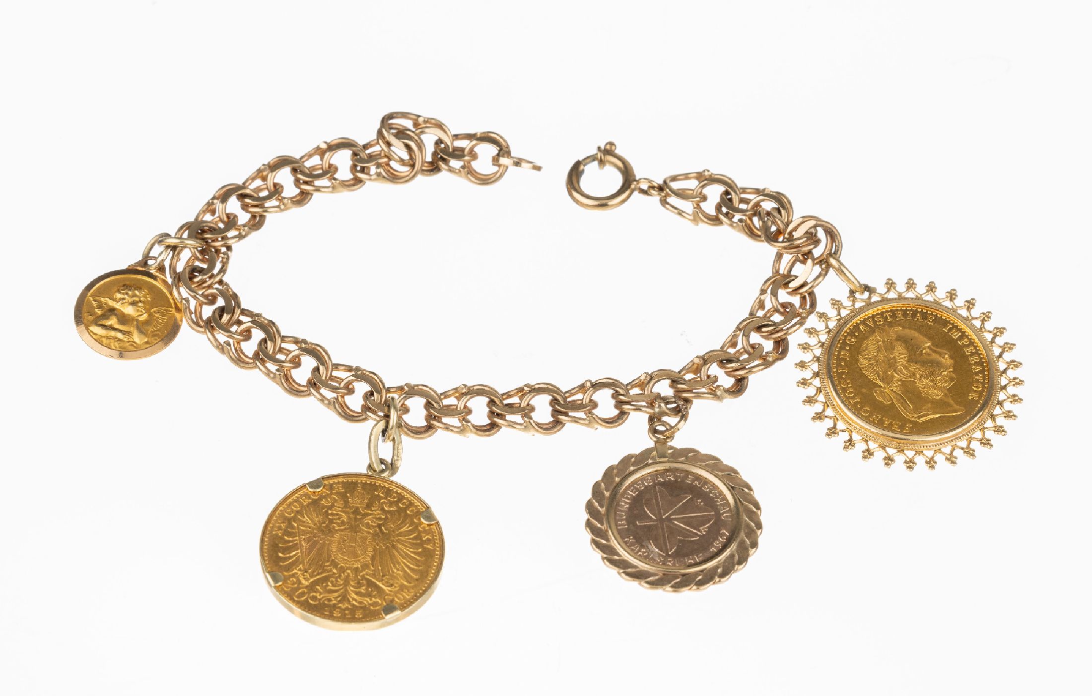 Detail a: 8 kt Gold Bettelarmband, GG 333/000, mit 4 bewegl. Abhängungen, 1 x 14 kt Gold mit lose gefasster Goldmünze, 1 Dukat Österreich-Ungarnoffizielle ...