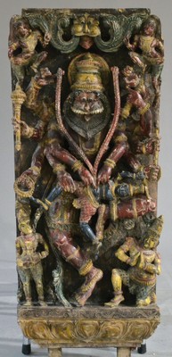 Image 26706531 - Image carving, 20th century. Wood, probably Vishnu with adorants, deep, partly fully sculptural carving, colorfully painted, tracesof age and usage, approx. 107 x 43 x 11 cm