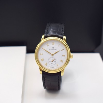 Image BLANCPAIN Villeret gents wristwatch in 18k yellow gold reference 7002-1418-61, manual winding, on both sides glazed case, original leather strap with original buckle in 18k yellow gold, white dial with Roman numerals, gilded hands, calibre 64-1 with fausses cotes decoration, diameter approx. 36 mm, original box and papers enclosed, condition 2-3