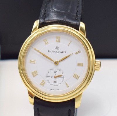 26706577a - BLANCPAIN Villeret gents wristwatch in 18k yellow gold reference 7002-1418-61, manual winding, on both sides glazed case, original leather strap with original buckle in 18k yellow gold, white dial with Roman numerals, gilded hands, calibre 64-1 with fausses cotes decoration, diameter approx. 36 mm, original box and papers enclosed, condition 2-3