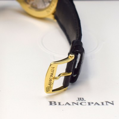 26706577b - BLANCPAIN Villeret gents wristwatch in 18k yellow gold reference 7002-1418-61, manual winding, on both sides glazed case, original leather strap with original buckle in 18k yellow gold, white dial with Roman numerals, gilded hands, calibre 64-1 with fausses cotes decoration, diameter approx. 36 mm, original box and papers enclosed, condition 2-3