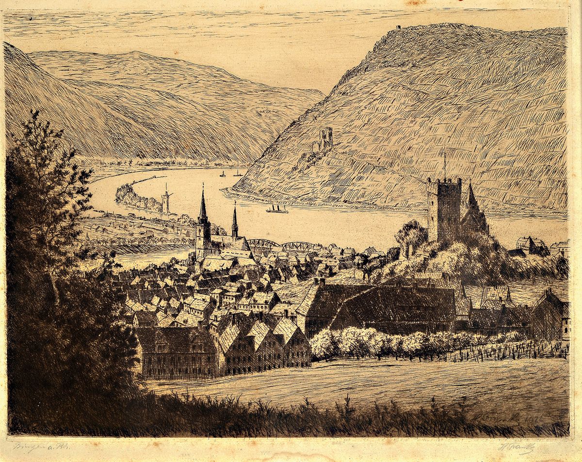 Hanny Franke, 1890 Koblenz-1973 Frankfurt am Main, 2 Werke: Aquarell und Kohle auf Papier, "Reife Wiese", 25x20 cm; Radierung, "Bingen ...