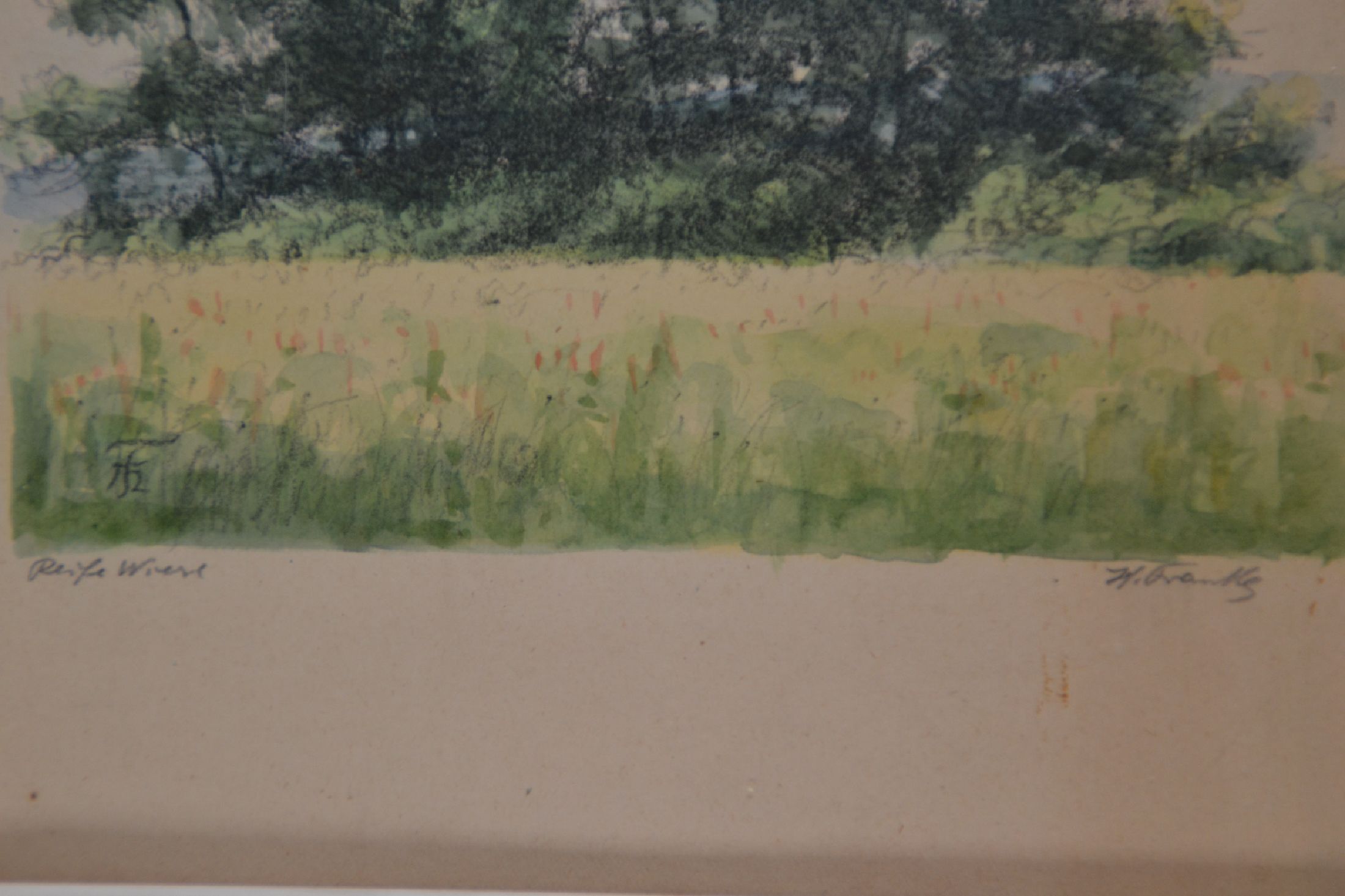 Detail c: Hanny Franke, 1890 Koblenz-1973 Frankfurt am Main, 2 Werke: Aquarell und Kohle auf Papier, "Reife Wiese", 25x20 cm; Radierung, "Bingen ...