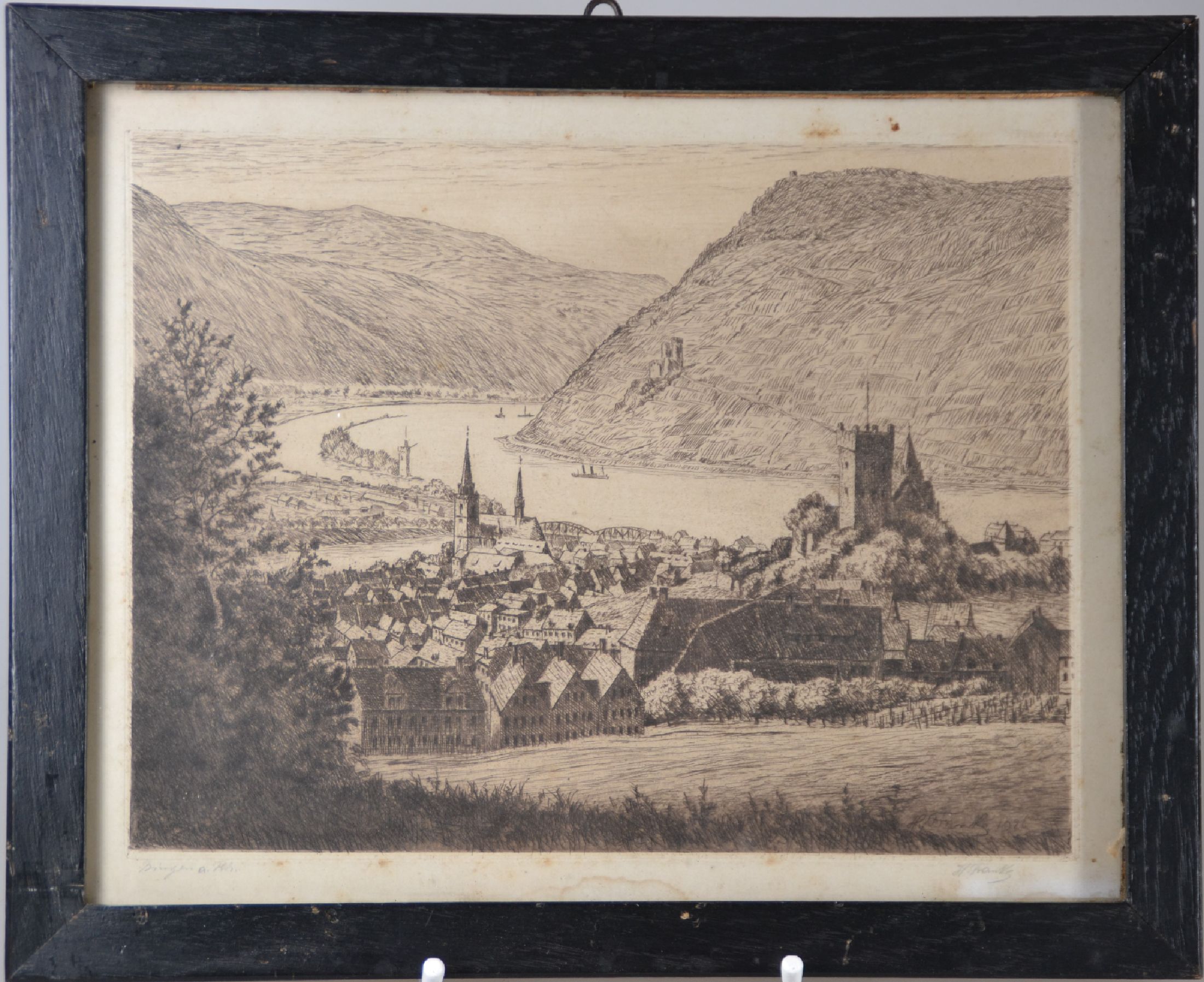 Detail d: Hanny Franke, 1890 Koblenz-1973 Frankfurt am Main, 2 Werke: Aquarell und Kohle auf Papier, "Reife Wiese", 25x20 cm; Radierung, "Bingen ...