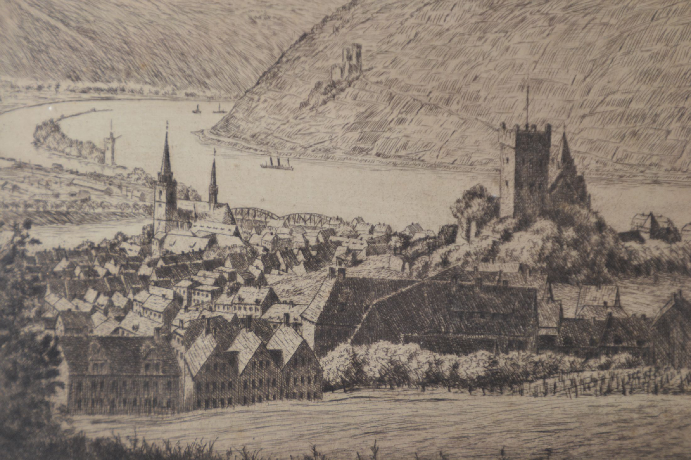 Detail e: Hanny Franke, 1890 Koblenz-1973 Frankfurt am Main, 2 Werke: Aquarell und Kohle auf Papier, "Reife Wiese", 25x20 cm; Radierung, "Bingen ...