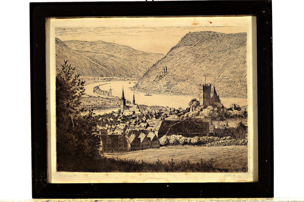Detail k: Hanny Franke, 1890 Koblenz-1973 Frankfurt am Main, 2 Werke: Aquarell und Kohle auf Papier, "Reife Wiese", 25x20 cm; Radierung, "Bingen ...