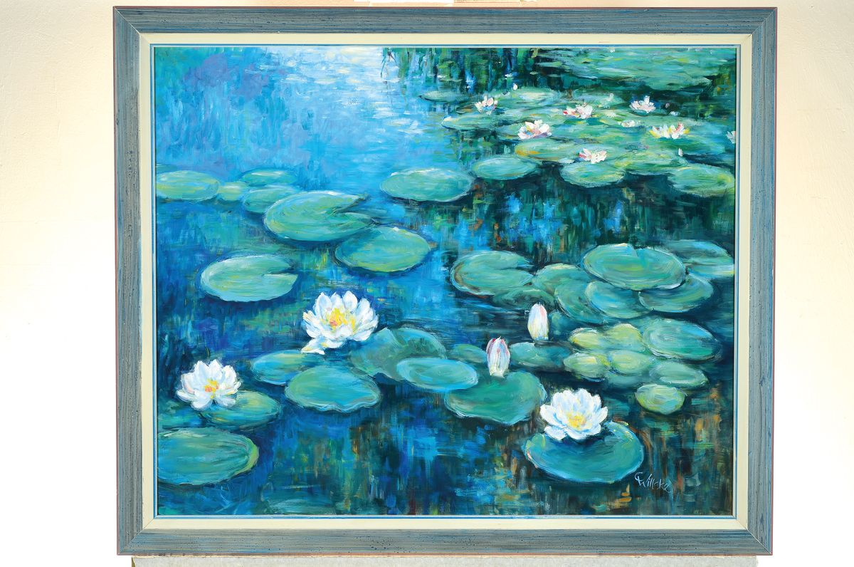 Detail k: Cilli Willeke, geb. 1929 Bous, 1947-49 Keramikmalerin bei Villeroy & Boch, hier: Seerosen, Öl/Holz, rechts unten signiert, ca. 59x73cm, R. ca. ...
