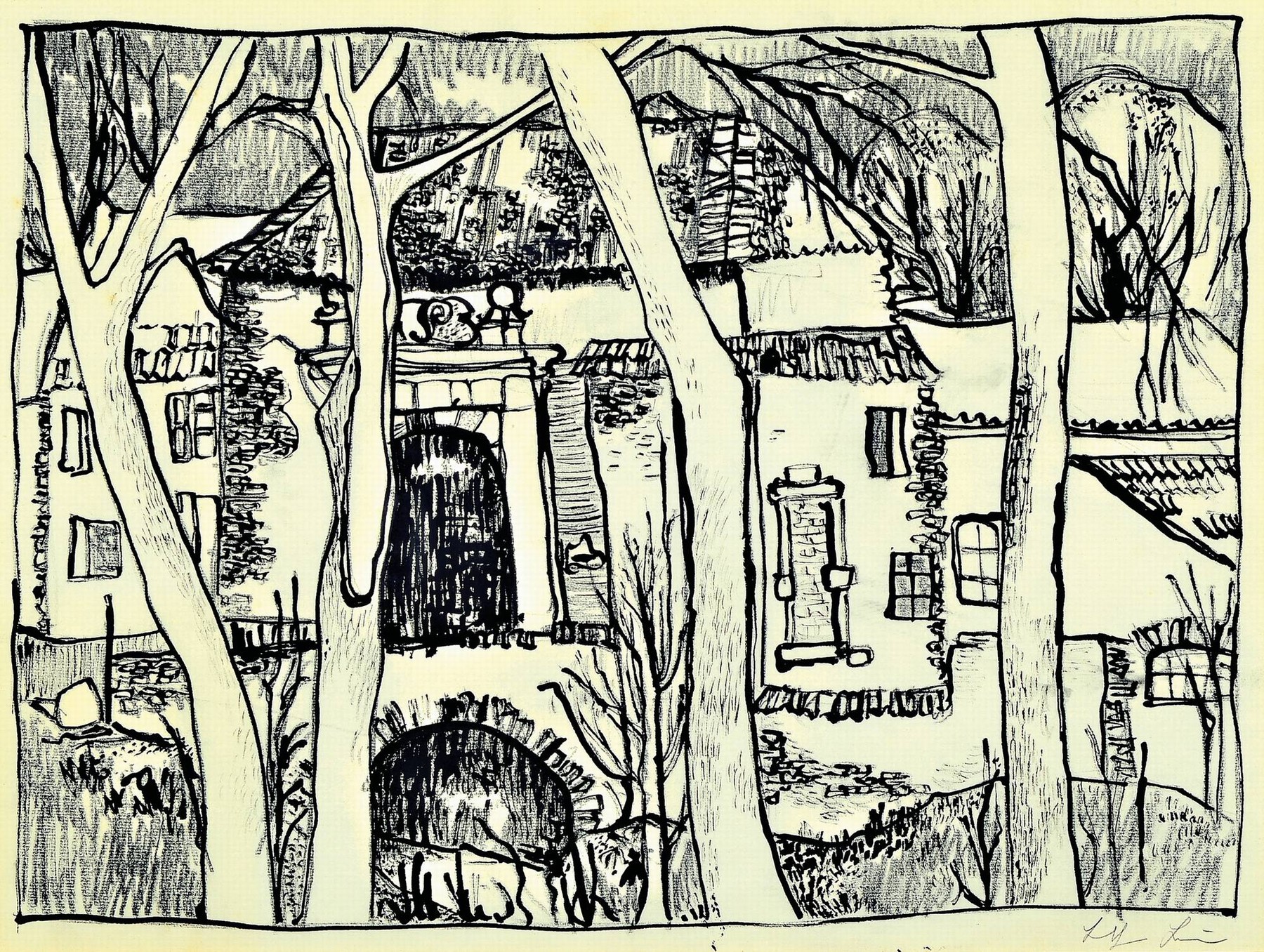 Detail a: Lothar Braun, geb. 1931 Krefeld, drei Zeichnungen: 1x Straßencafé, Tuschfeder auf Papier, sign. und dat. 64, ca. 29x39cm, PP, u.Gl., R. ca. ...