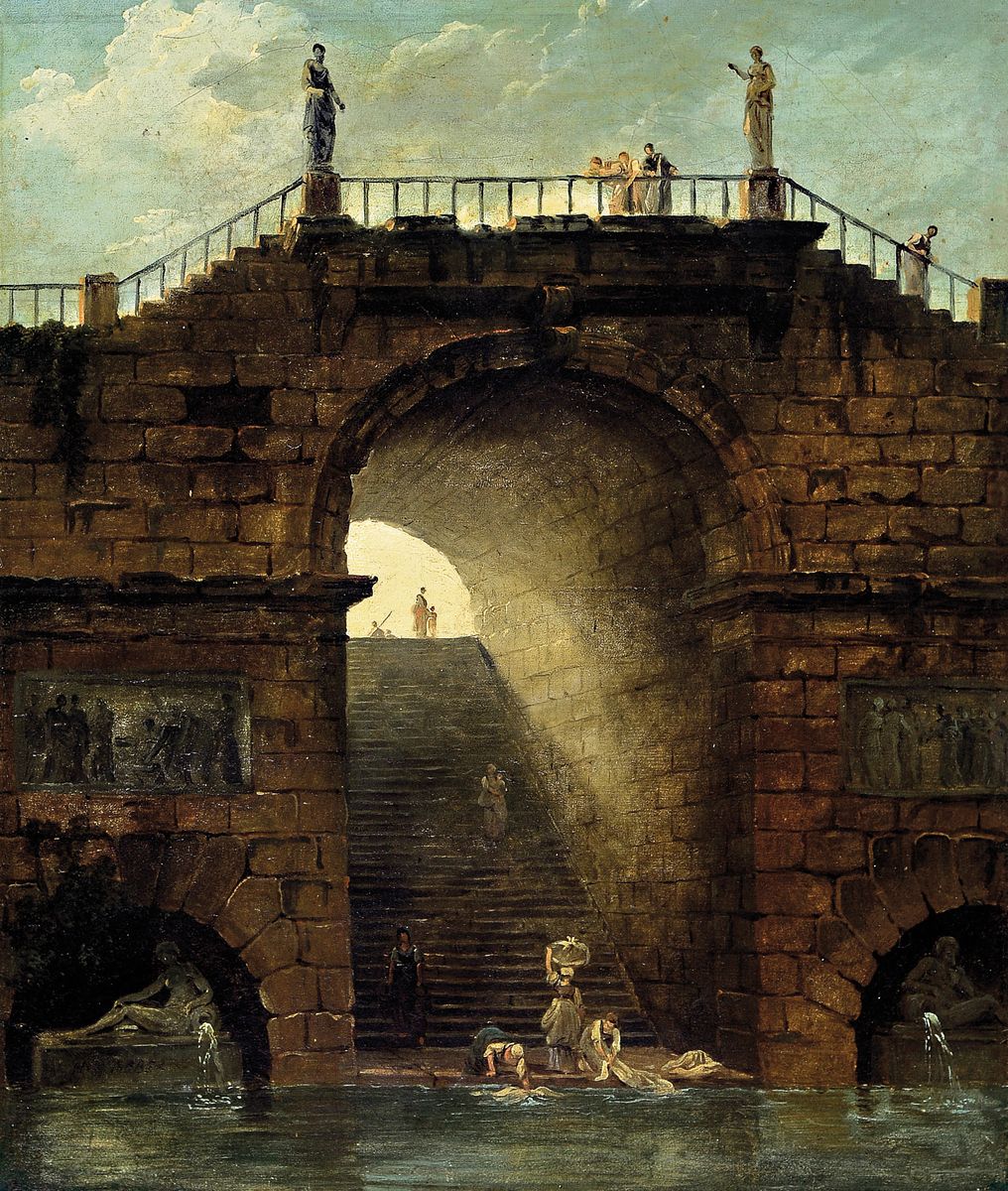 Zuschreibung: Hubert Robert, 1733-1808 Paris, Brückenbogen mit Wäscherinnen am Fluss, Öl/Lwd, links unten im Skulpturensockel fragmentarisch ...