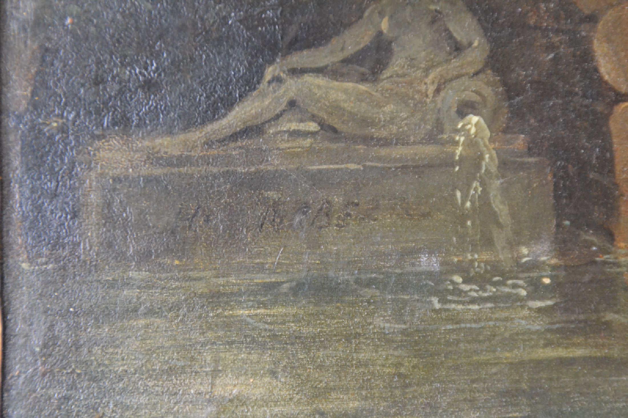 Detail b: Zuschreibung: Hubert Robert, 1733-1808 Paris, Brückenbogen mit Wäscherinnen am Fluss, Öl/Lwd, links unten im Skulpturensockel fragmentarisch ...
