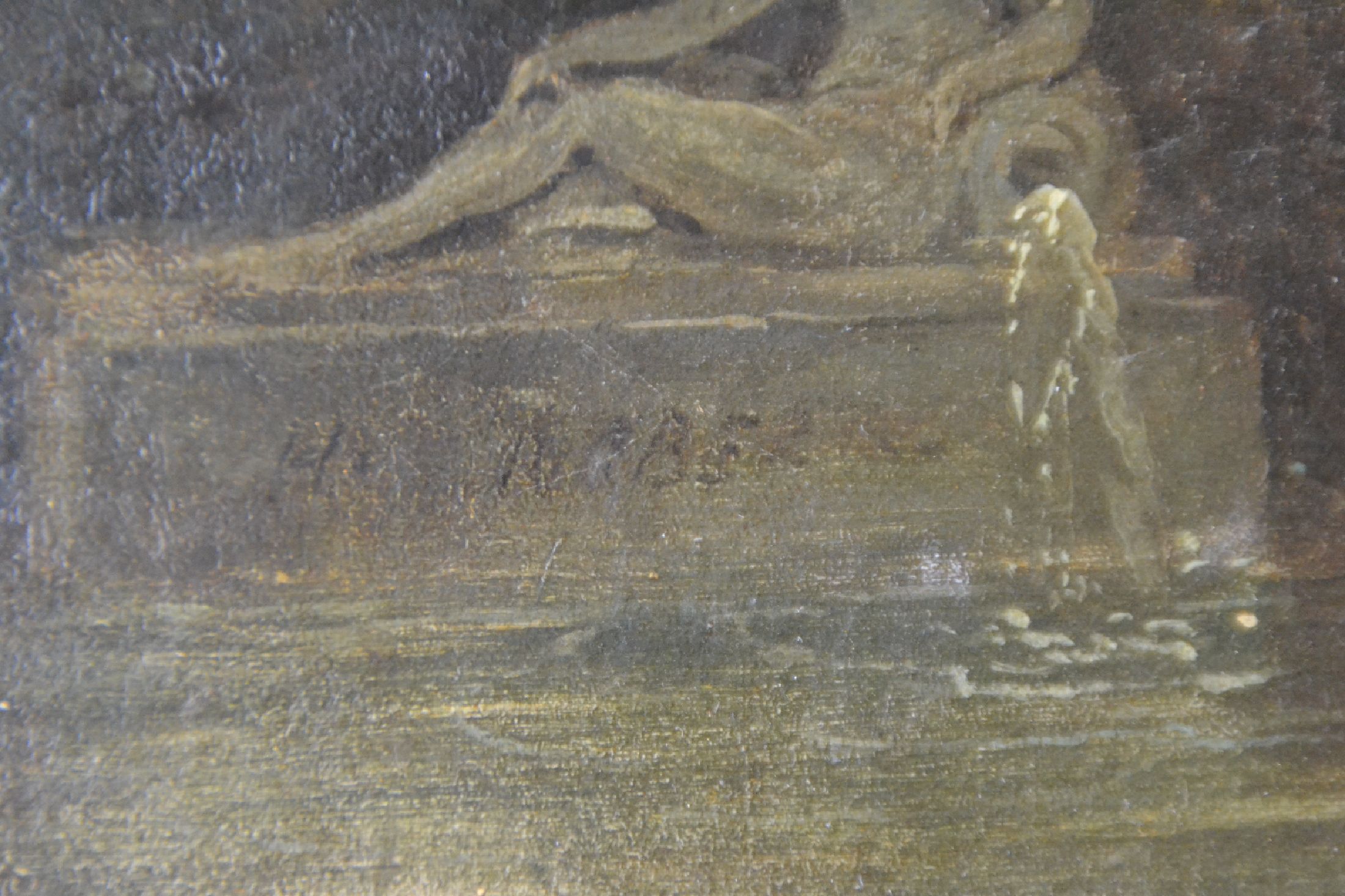 Detail c: Zuschreibung: Hubert Robert, 1733-1808 Paris, Brückenbogen mit Wäscherinnen am Fluss, Öl/Lwd, links unten im Skulpturensockel fragmentarisch ...