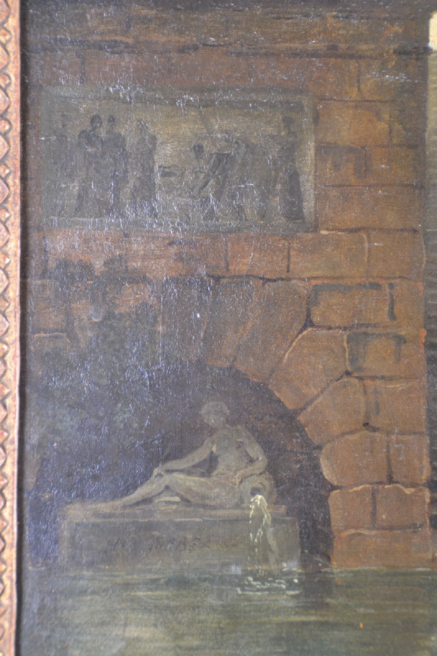 Detail e: Zuschreibung: Hubert Robert, 1733-1808 Paris, Brückenbogen mit Wäscherinnen am Fluss, Öl/Lwd, links unten im Skulpturensockel fragmentarisch ...