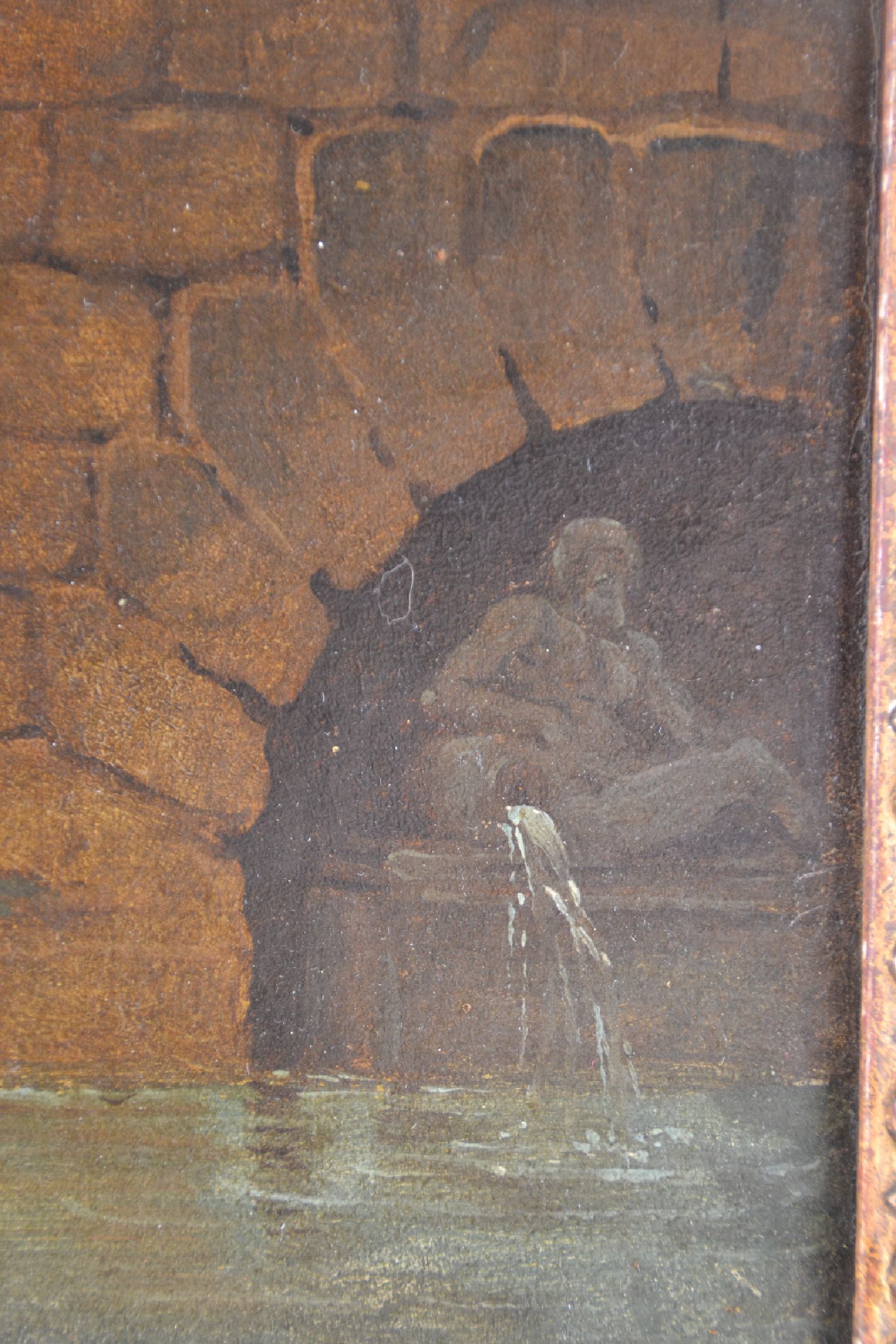 Detail f: Zuschreibung: Hubert Robert, 1733-1808 Paris, Brückenbogen mit Wäscherinnen am Fluss, Öl/Lwd, links unten im Skulpturensockel fragmentarisch ...