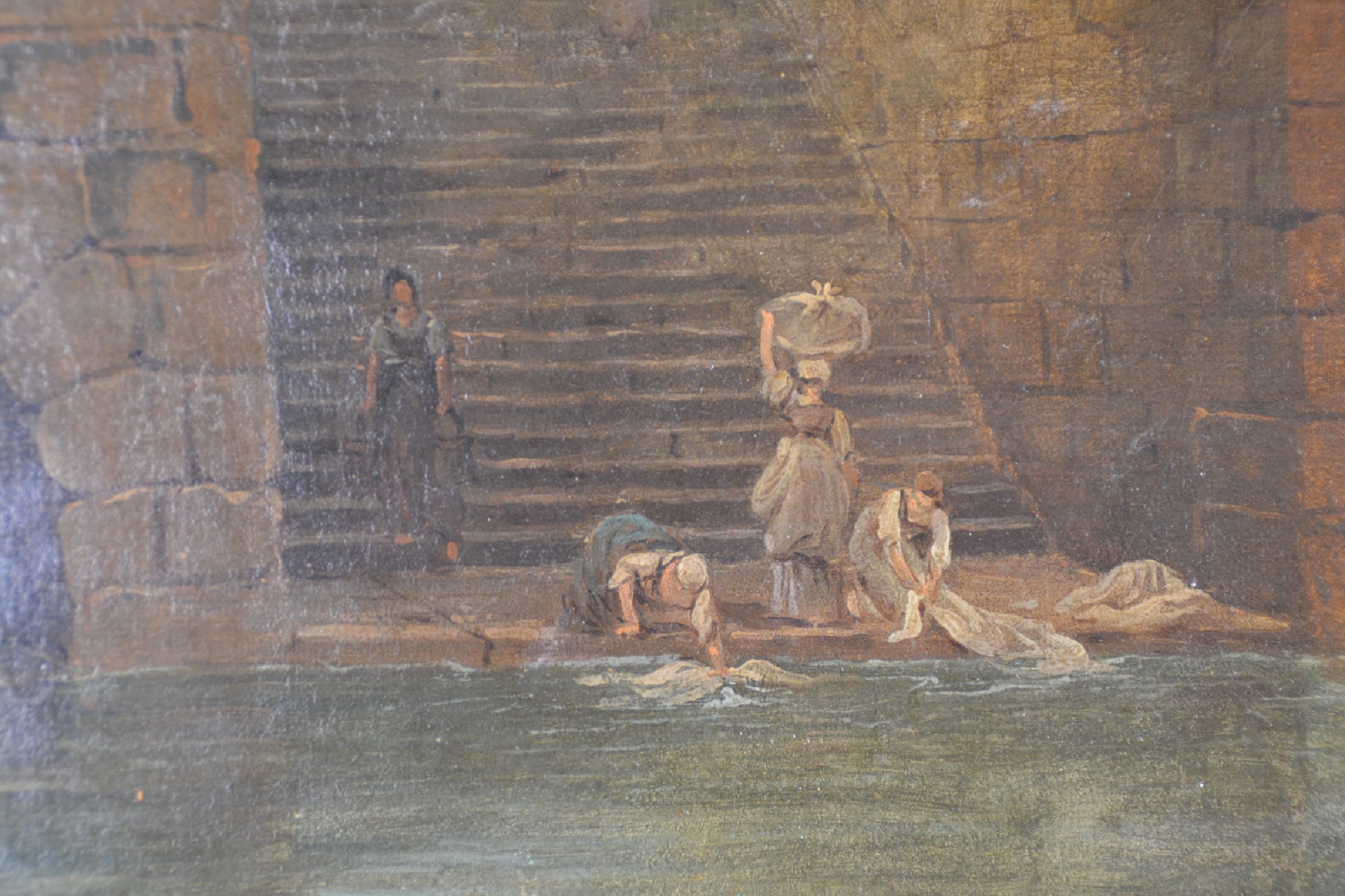 Detail g: Zuschreibung: Hubert Robert, 1733-1808 Paris, Brückenbogen mit Wäscherinnen am Fluss, Öl/Lwd, links unten im Skulpturensockel fragmentarisch ...