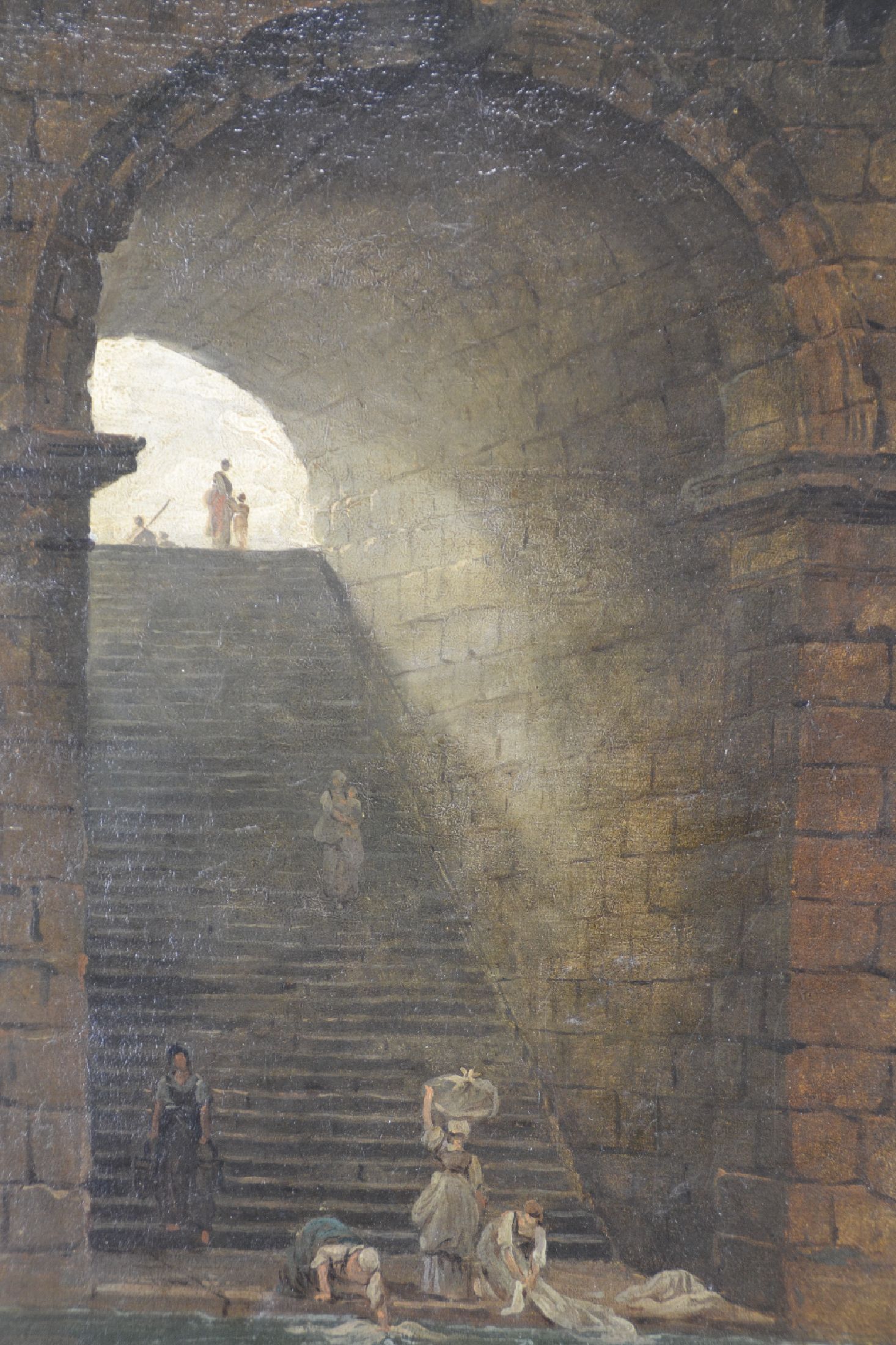 Detail h: Zuschreibung: Hubert Robert, 1733-1808 Paris, Brückenbogen mit Wäscherinnen am Fluss, Öl/Lwd, links unten im Skulpturensockel fragmentarisch ...