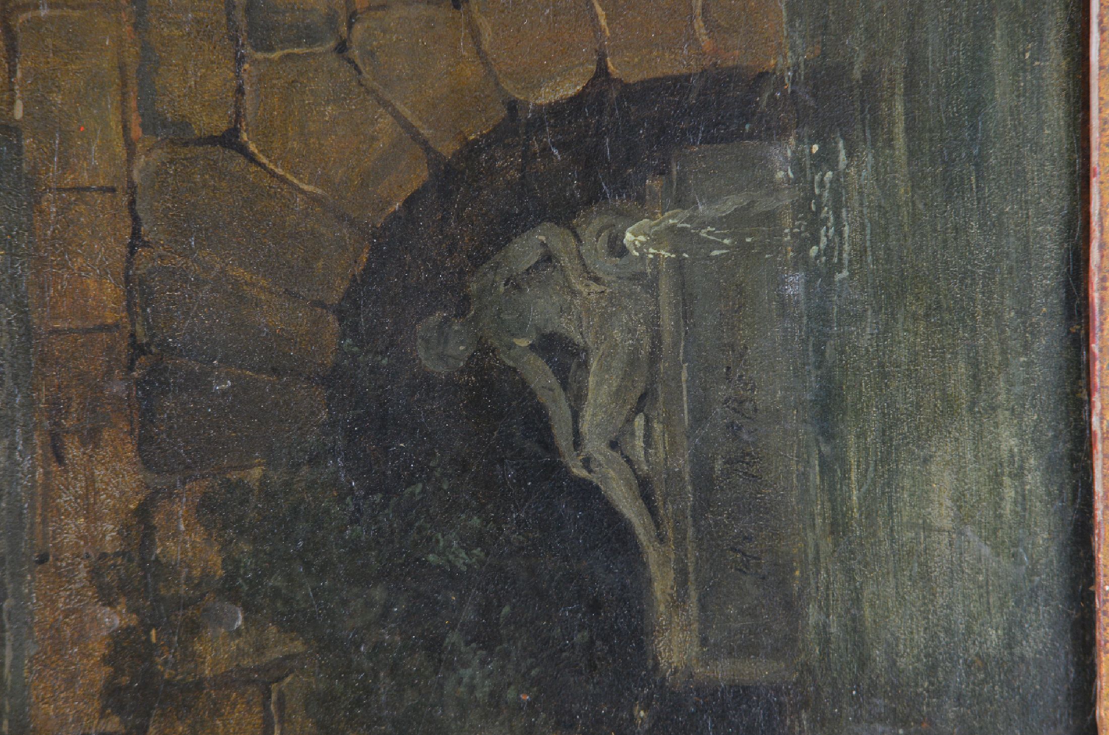 Detail n: Zuschreibung: Hubert Robert, 1733-1808 Paris, Brückenbogen mit Wäscherinnen am Fluss, Öl/Lwd, links unten im Skulpturensockel fragmentarisch ...