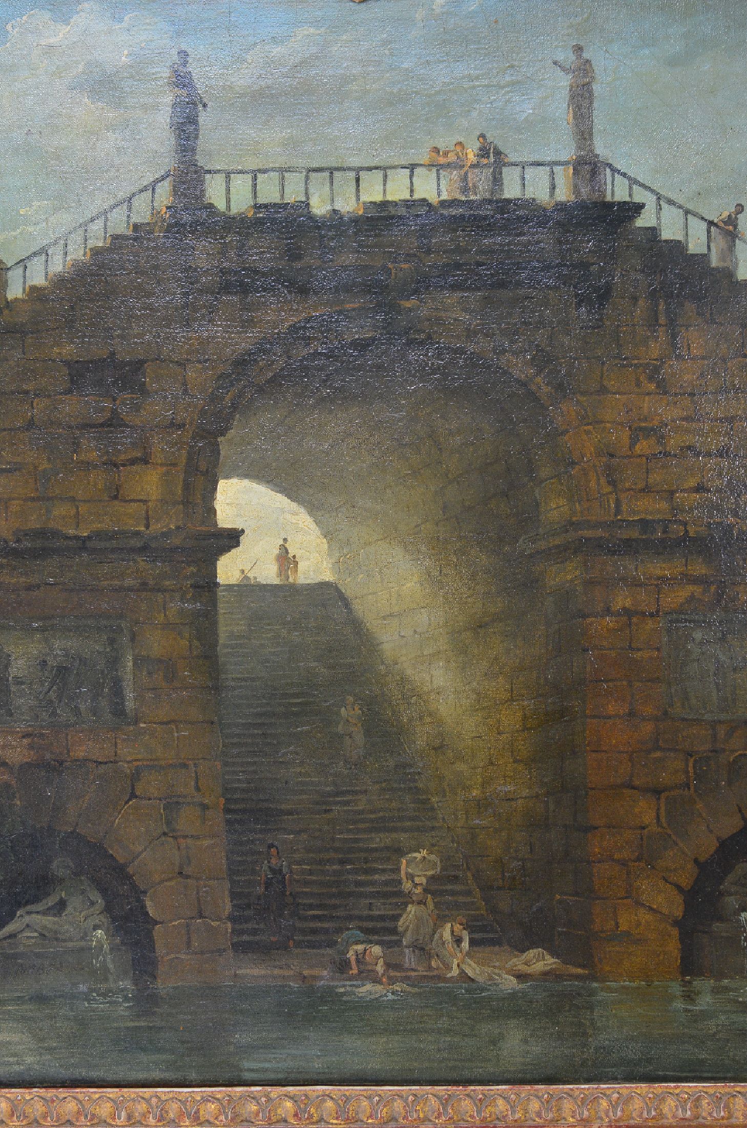 Detail o: Zuschreibung: Hubert Robert, 1733-1808 Paris, Brückenbogen mit Wäscherinnen am Fluss, Öl/Lwd, links unten im Skulpturensockel fragmentarisch ...