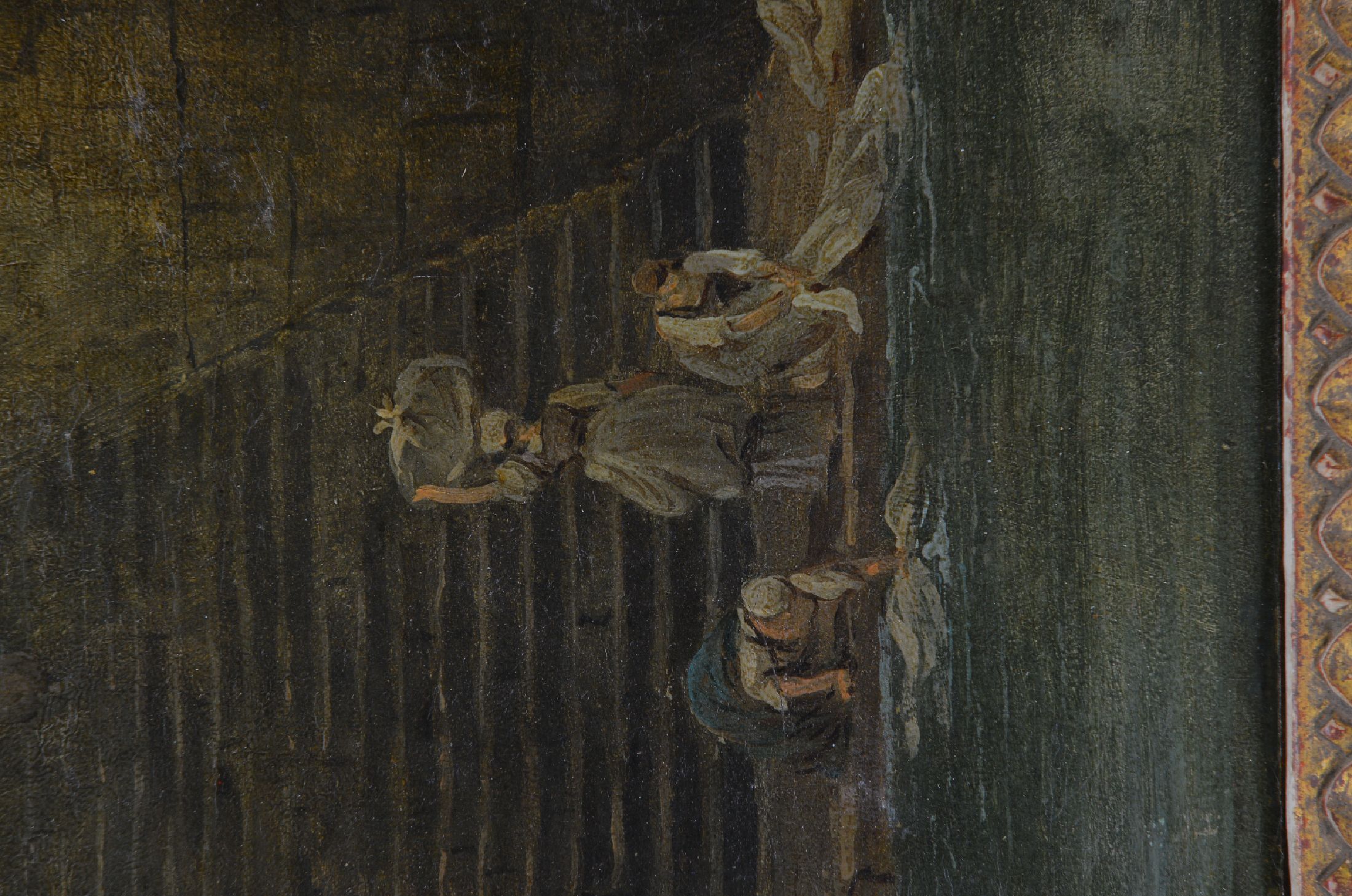 Detail p: Zuschreibung: Hubert Robert, 1733-1808 Paris, Brückenbogen mit Wäscherinnen am Fluss, Öl/Lwd, links unten im Skulpturensockel fragmentarisch ...