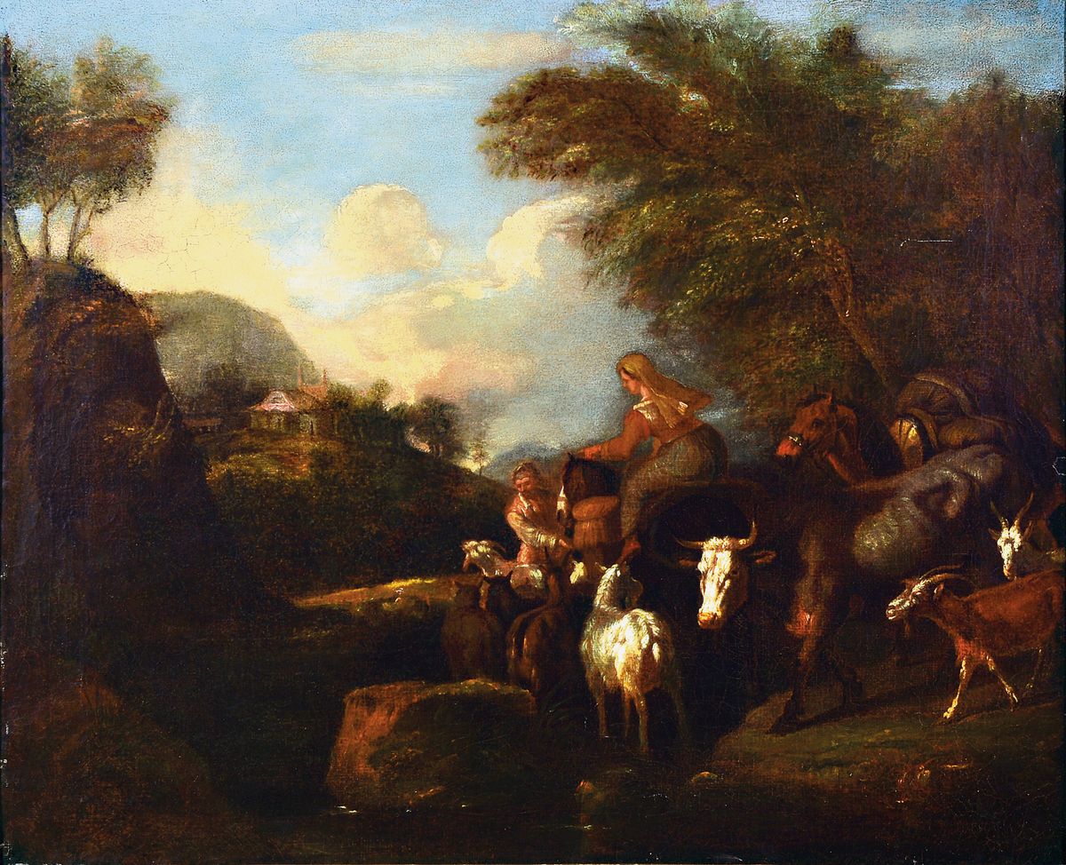 Nachfolge Philipp Peter Roos, 18. Jh., italienische Landschaft mit Tieren und Personen, Öl/Lwd, restauriert, doubliert, ca. 60x73cm, Prunkrahmen