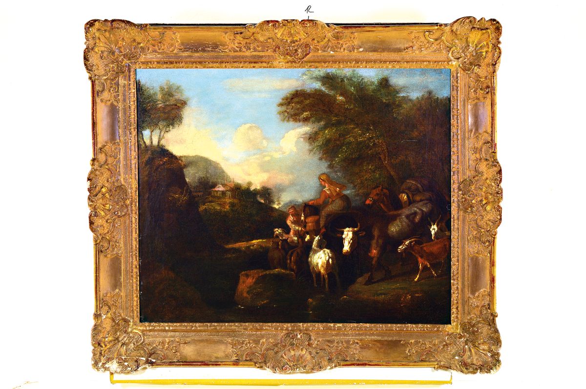 Detail k: Nachfolge Philipp Peter Roos, 18. Jh., italienische Landschaft mit Tieren und Personen, Öl/Lwd, restauriert, doubliert, ca. 60x73cm, Prunkrahmen