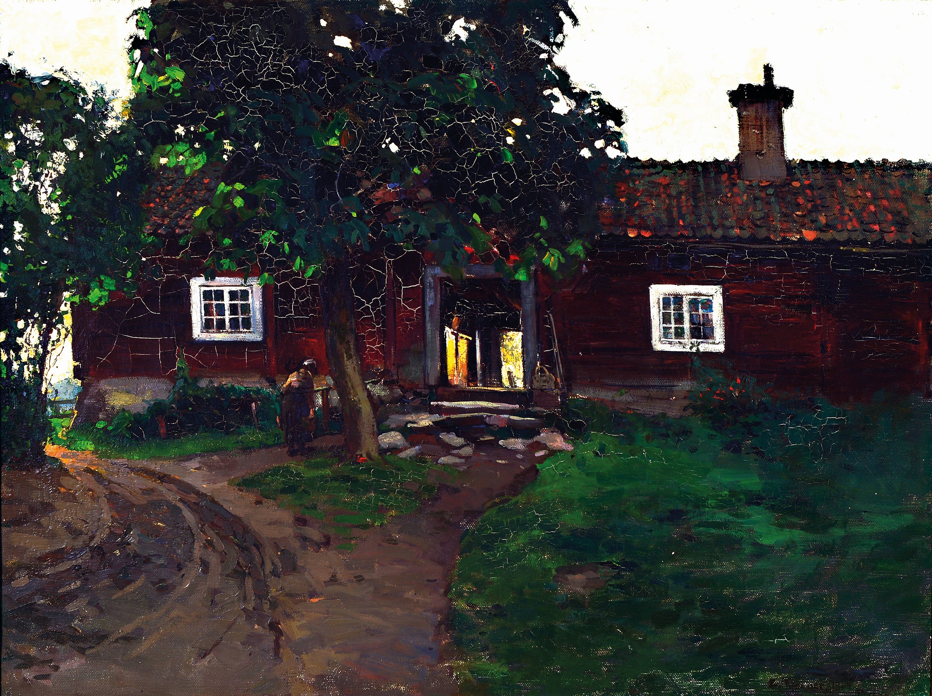 Esther Kjerner, 1873-1952 Stockholm, Bäuerin auf dem Weg ins Haus um einen Baum herum gehend, Öl/Lwd, rechts unten signiert und dat. 1904, ca. ...