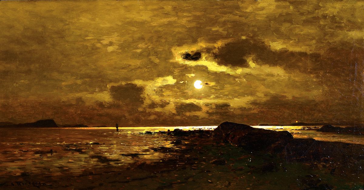 Axel Wilhelm Nordgren, 1828 Stockholm-1888 Düsseldorf, schwedisch-deutscher Landschaftsmaler der Düsseldorfer Schule, hier: Vollmond über felsiger ...