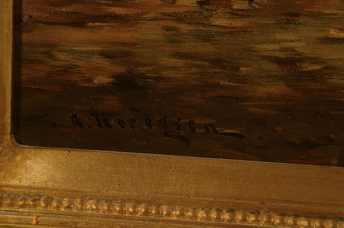 Detail a: Axel Wilhelm Nordgren, 1828 Stockholm-1888 Düsseldorf, schwedisch-deutscher Landschaftsmaler der Düsseldorfer Schule, hier: Vollmond über felsiger ...