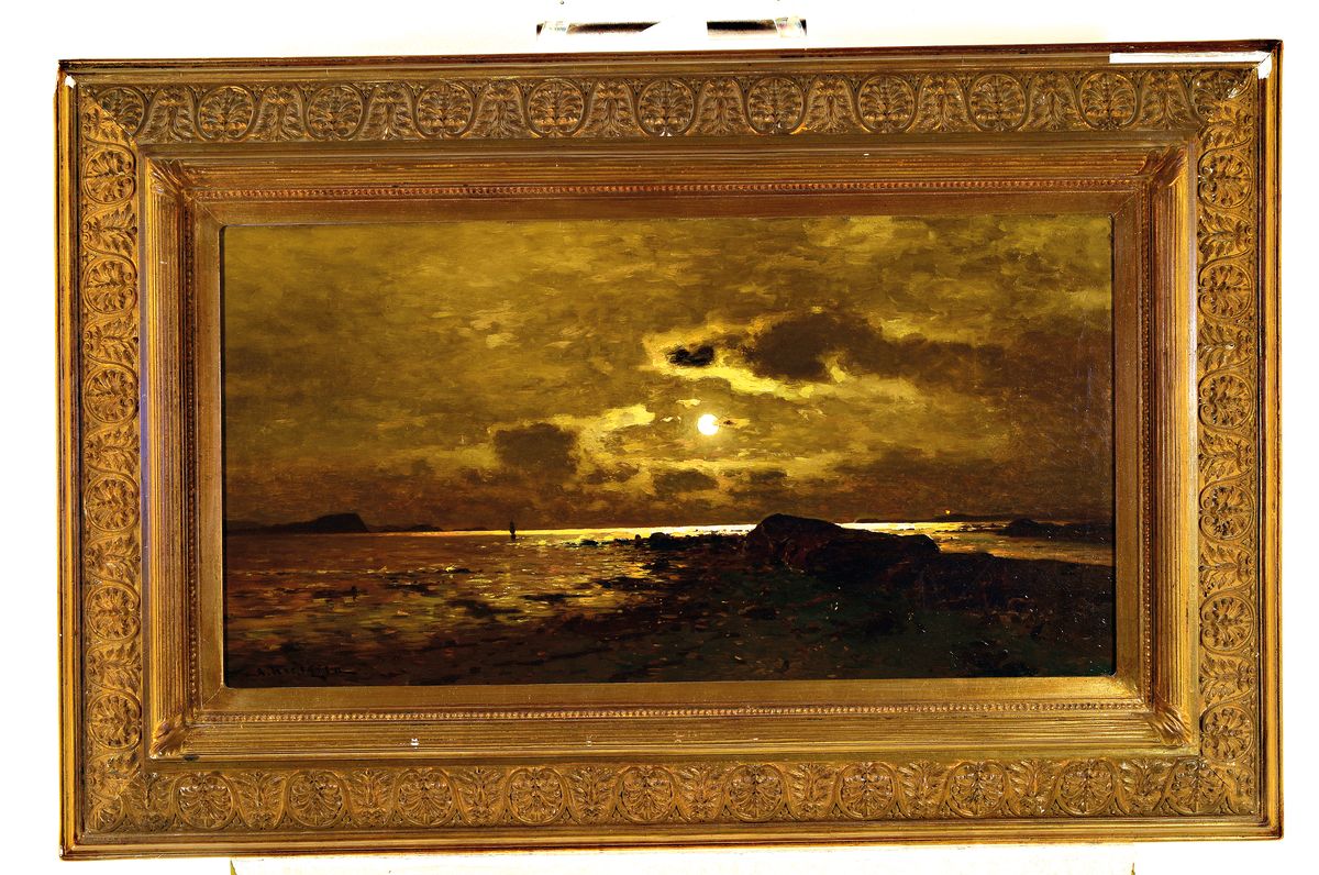 Detail k: Axel Wilhelm Nordgren, 1828 Stockholm-1888 Düsseldorf, schwedisch-deutscher Landschaftsmaler der Düsseldorfer Schule, hier: Vollmond über felsiger ...