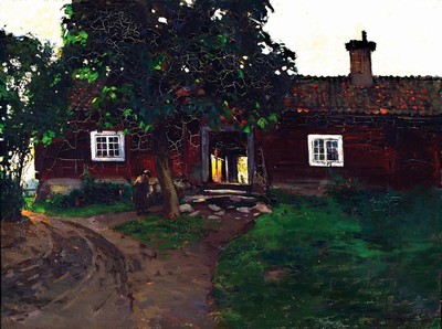 Image 26707572 - Esther Kjerner, 1873-1952 Stockholm, farmer's wife walking around a tree on the way into thehouse, oil/canvas, signed lower right and dated 1904, approx. 48x65cm,frame approx. 60x76cm