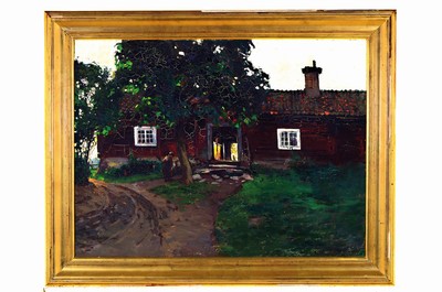 26707572k - Esther Kjerner, 1873-1952 Stockholm, farmer's wife walking around a tree on the way into thehouse, oil/canvas, signed lower right and dated 1904, approx. 48x65cm,frame approx. 60x76cm