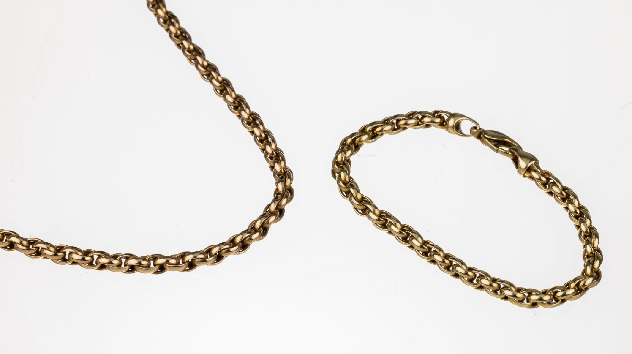 14 kt Gold Schmuckset, ca. 80.2 g, GG 585/000, best. aus: Collier, L. ca. 45 cm, Armband, L. ca. 19 cm, Karabinerschließen, Armband als ...