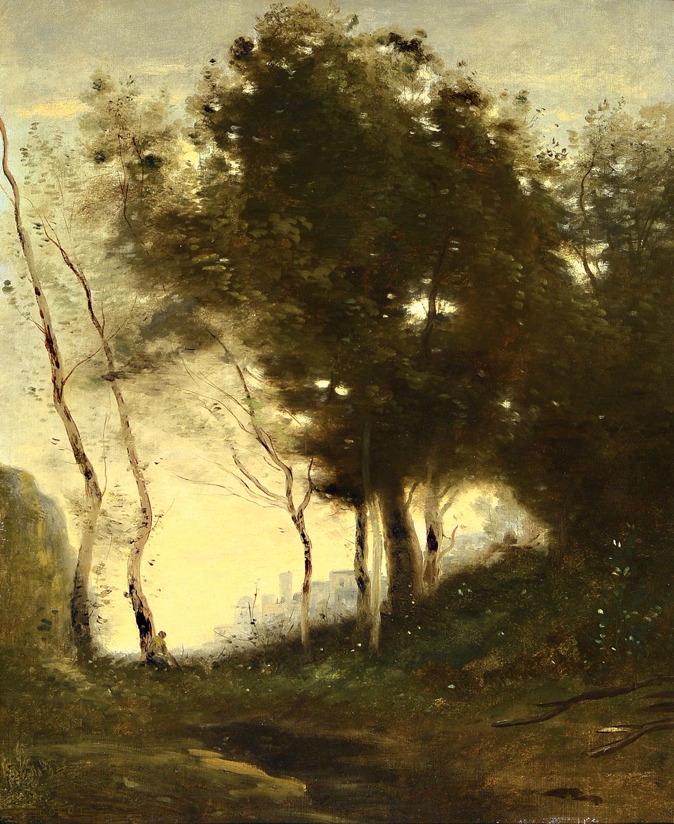 Maler der Schule von Barbizon, Frankreich, um 1880-90, Blick durch Bäume auf einer Stadt im Licht, Öl/Lwd auf Hartfaser doubliert, links unten ...