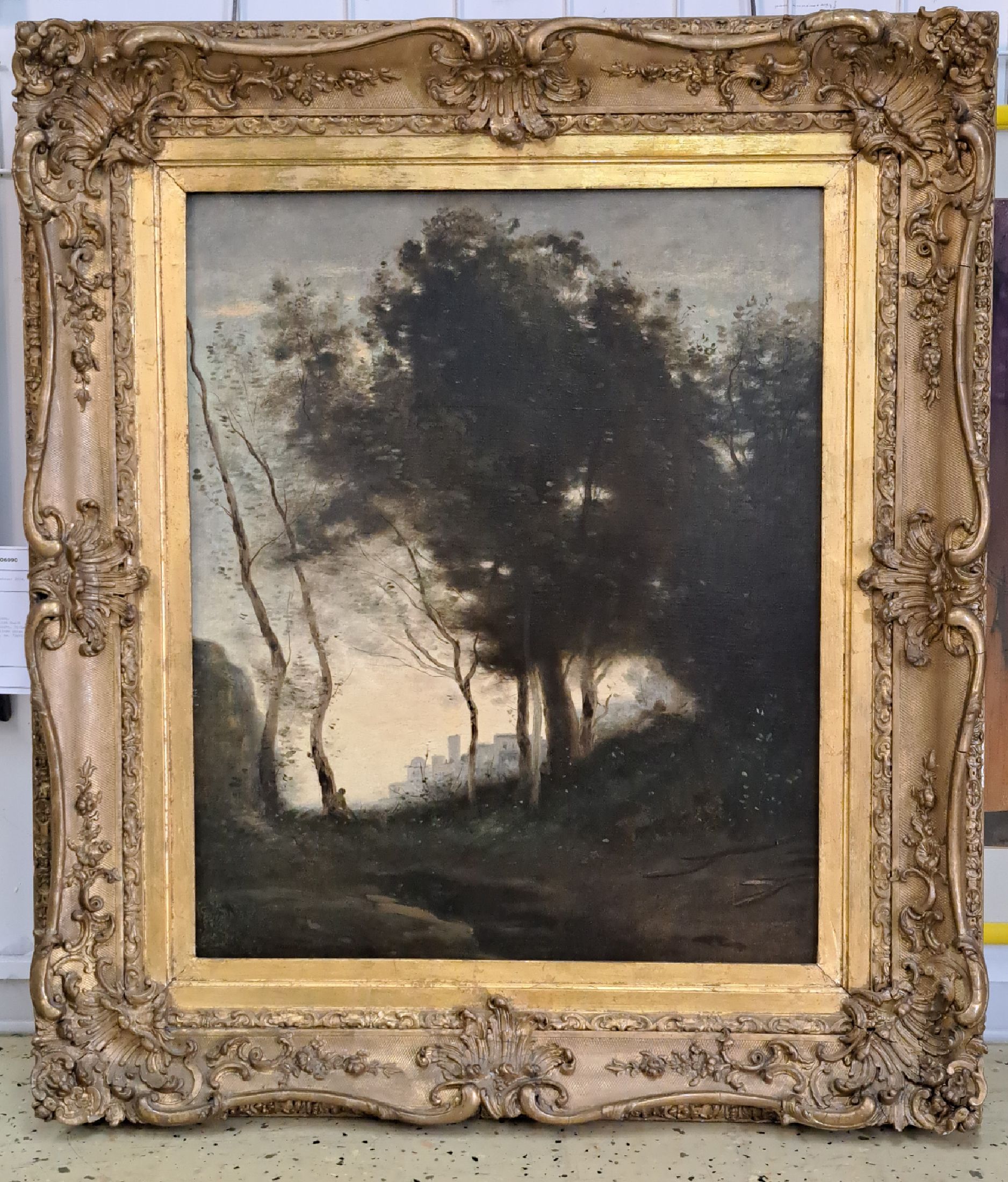Detail a: Maler der Schule von Barbizon, Frankreich, um 1880-90, Blick durch Bäume auf einer Stadt im Licht, Öl/Lwd auf Hartfaser doubliert, links unten ...