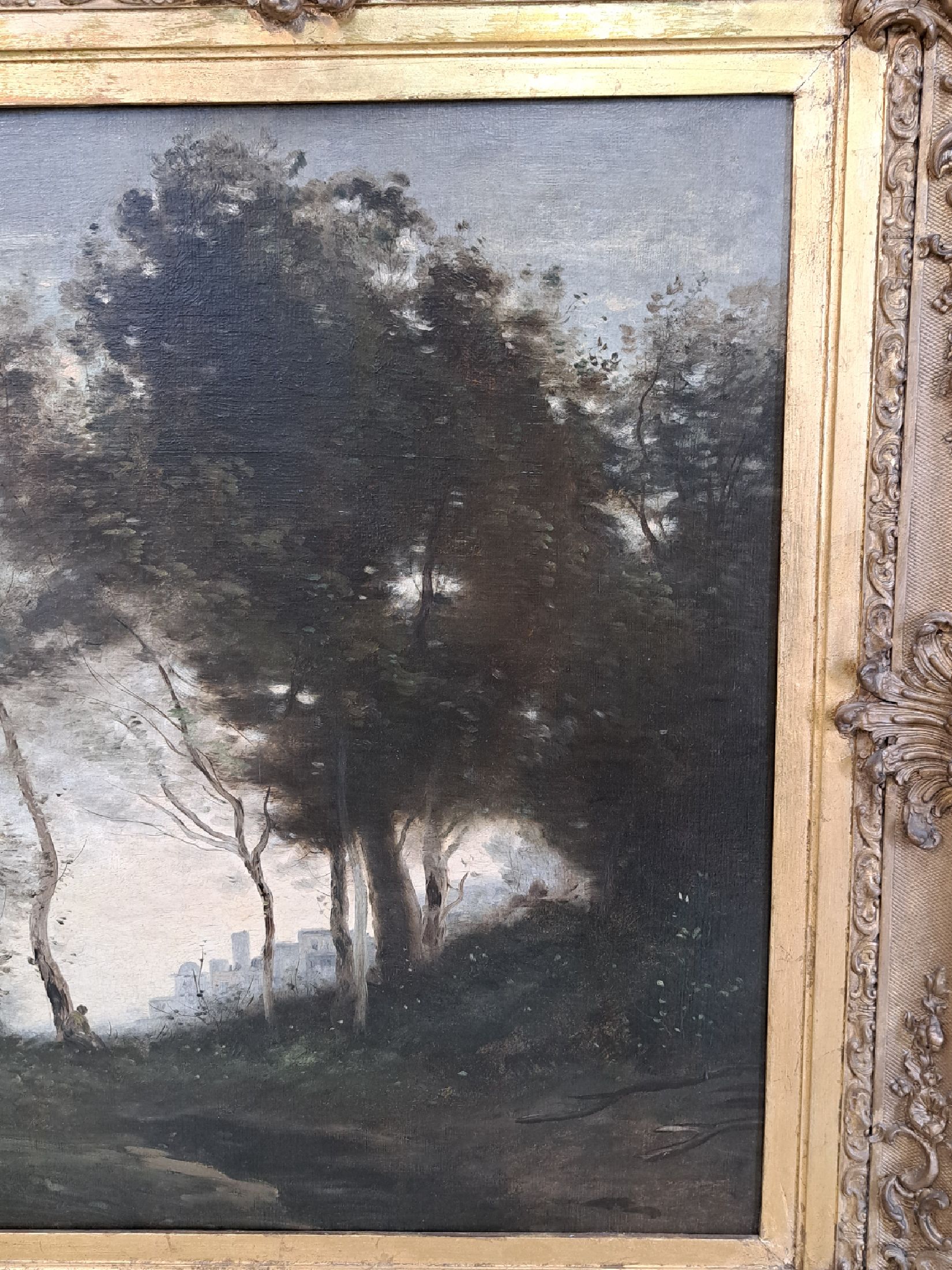 Detail c: Maler der Schule von Barbizon, Frankreich, um 1880-90, Blick durch Bäume auf einer Stadt im Licht, Öl/Lwd auf Hartfaser doubliert, links unten ...