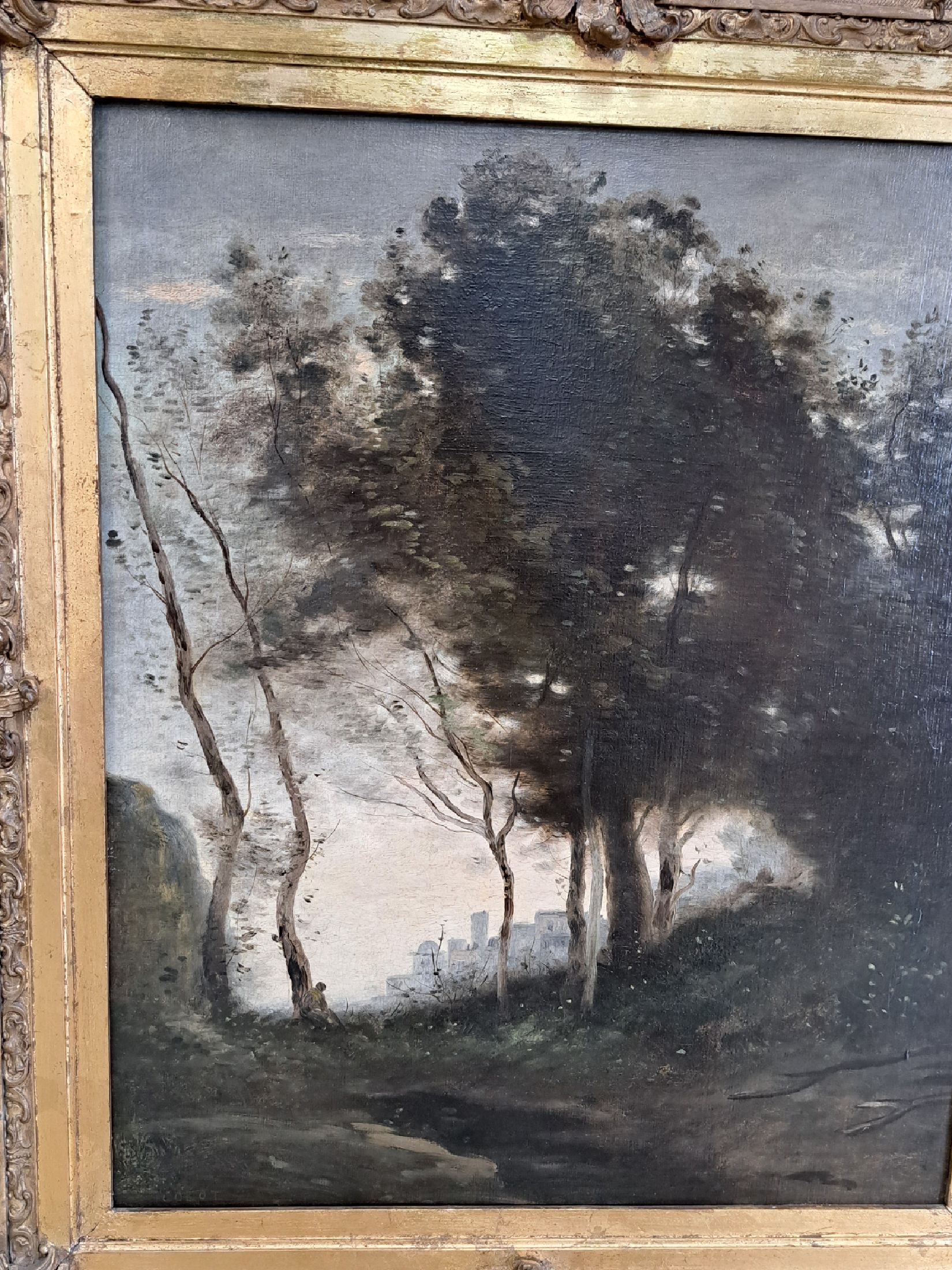 Detail d: Maler der Schule von Barbizon, Frankreich, um 1880-90, Blick durch Bäume auf einer Stadt im Licht, Öl/Lwd auf Hartfaser doubliert, links unten ...