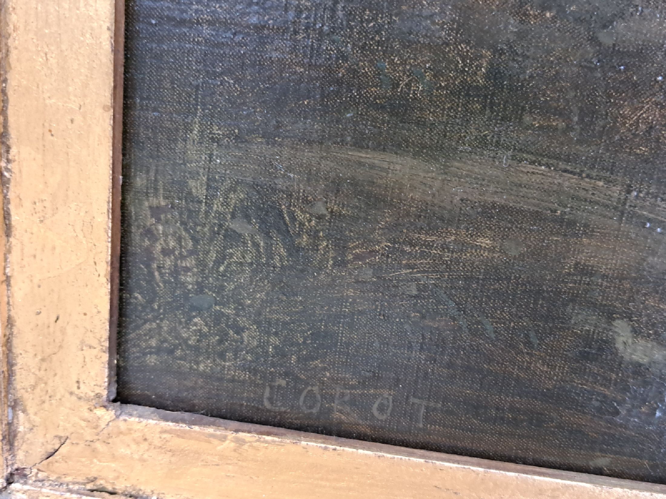 Detail e: Maler der Schule von Barbizon, Frankreich, um 1880-90, Blick durch Bäume auf einer Stadt im Licht, Öl/Lwd auf Hartfaser doubliert, links unten ...