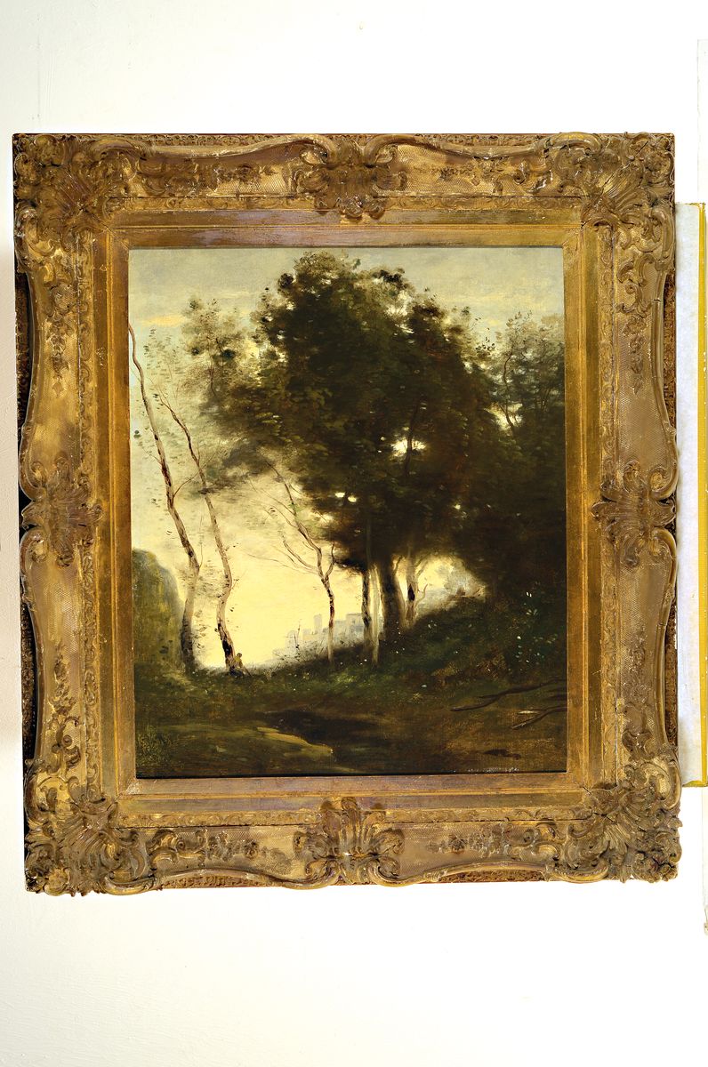 Detail k: Maler der Schule von Barbizon, Frankreich, um 1880-90, Blick durch Bäume auf einer Stadt im Licht, Öl/Lwd auf Hartfaser doubliert, links unten ...