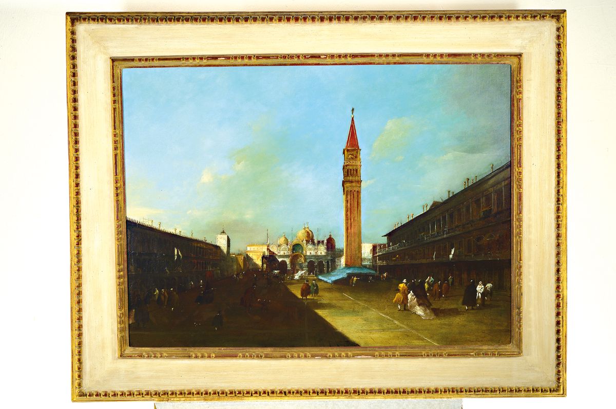 Detail k: Ungedeuteter Maler des 19. Jh., Der belebte Markusplatz in Venedig, in der Art des Canaletto (1697-1768), Öl/Lwd, unsigniert, ca. 70x95cm, R. ca. ...
