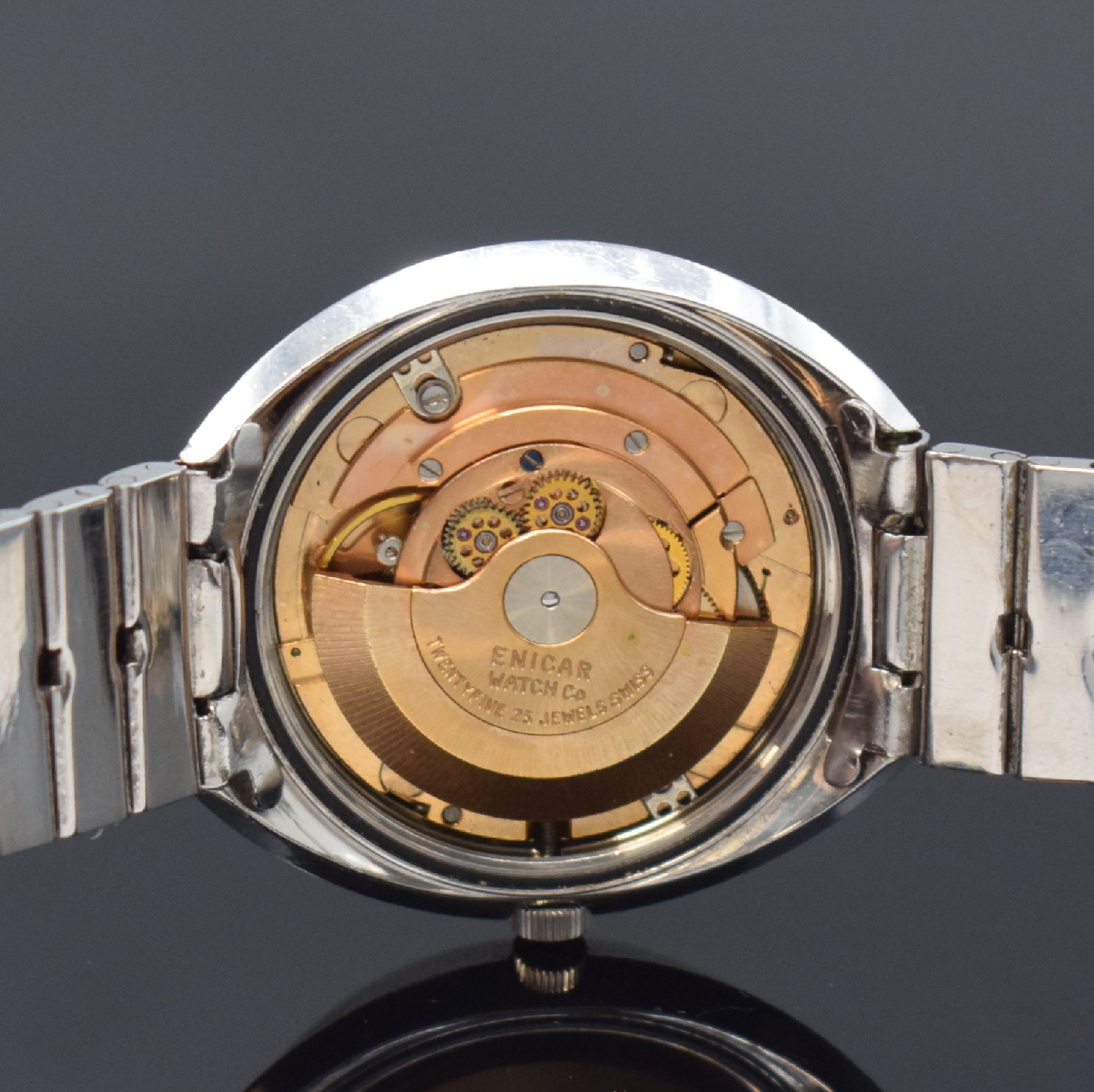 Detail f: ENICAR SHERPA Star Armbanduhr Referenz 2342, Schweiz um 1965, Automatik, Edelstahlgeh., Boden verschr., orig. Stahlband, silb. Zifferbl. m. aufges. ...